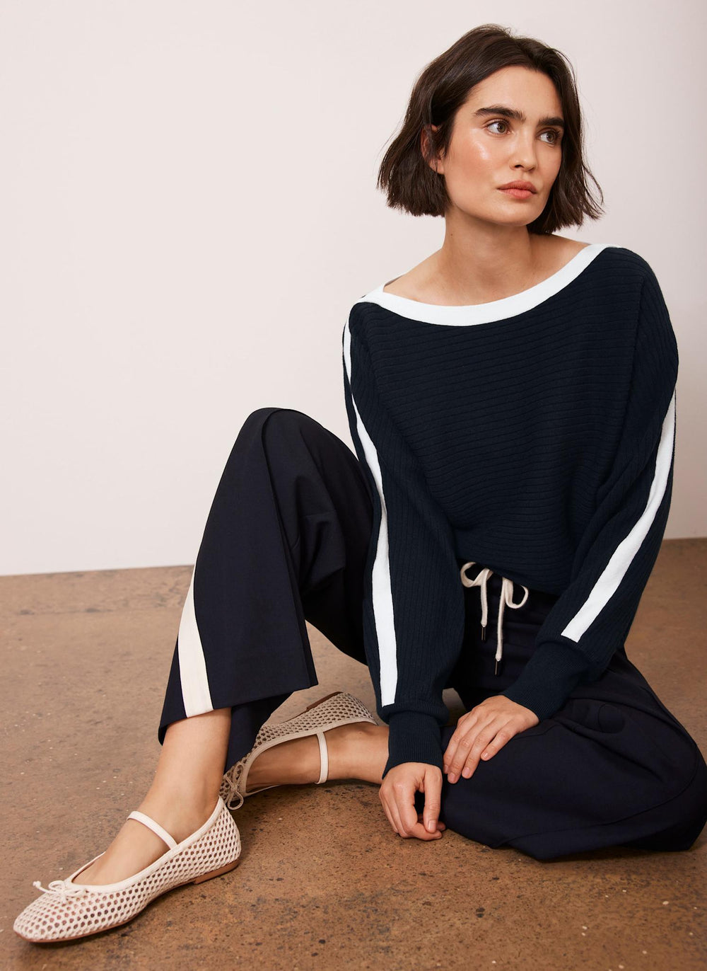 Navy Cotton Blend Ribbed Batwing Jumper