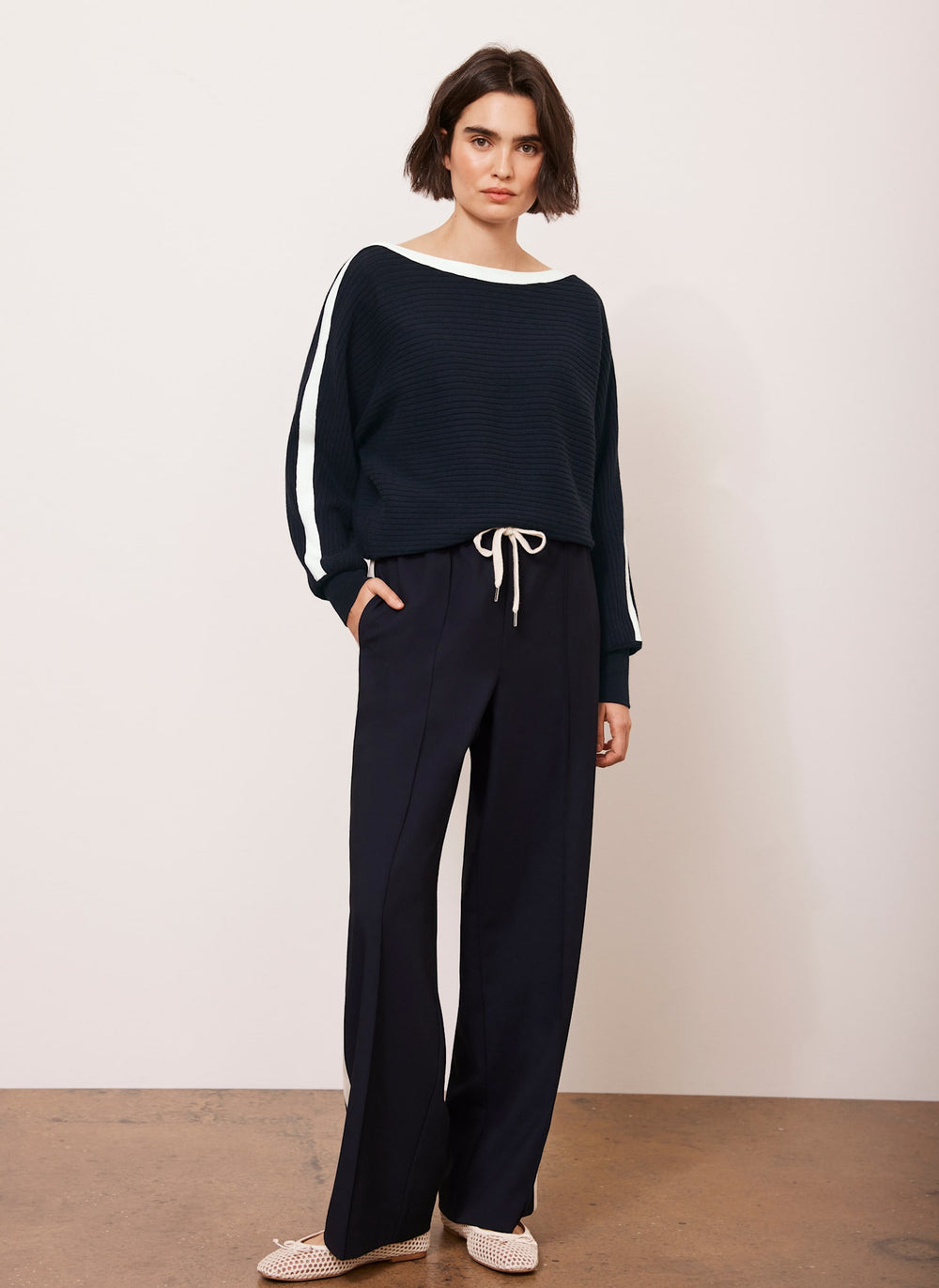 Navy Cotton Blend Ribbed Batwing Jumper