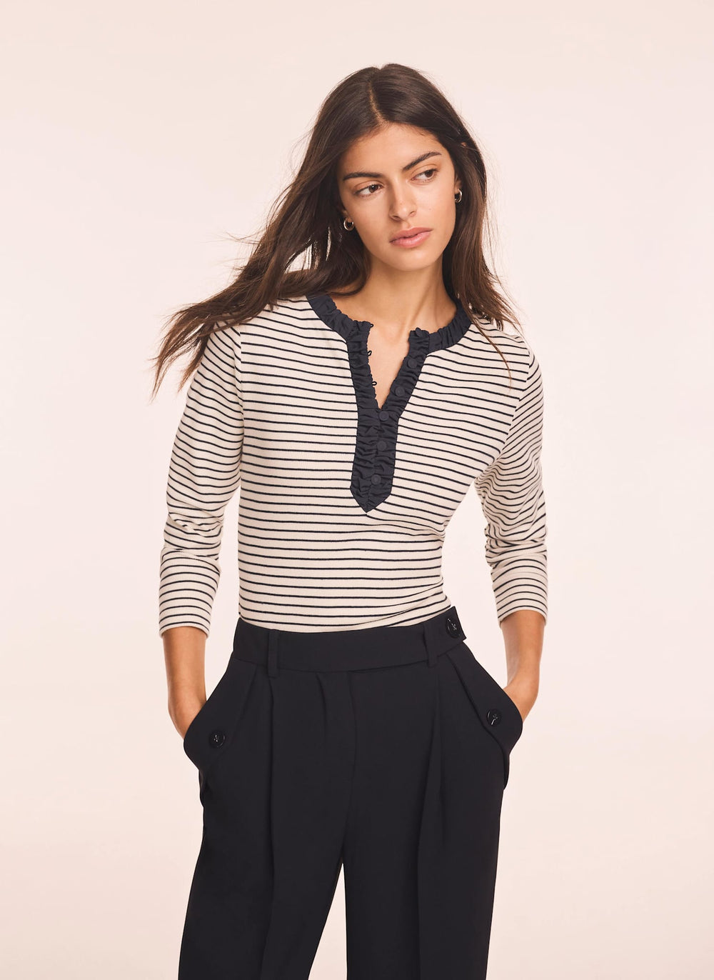 Striped Cotton Blend Ruched Henley Top