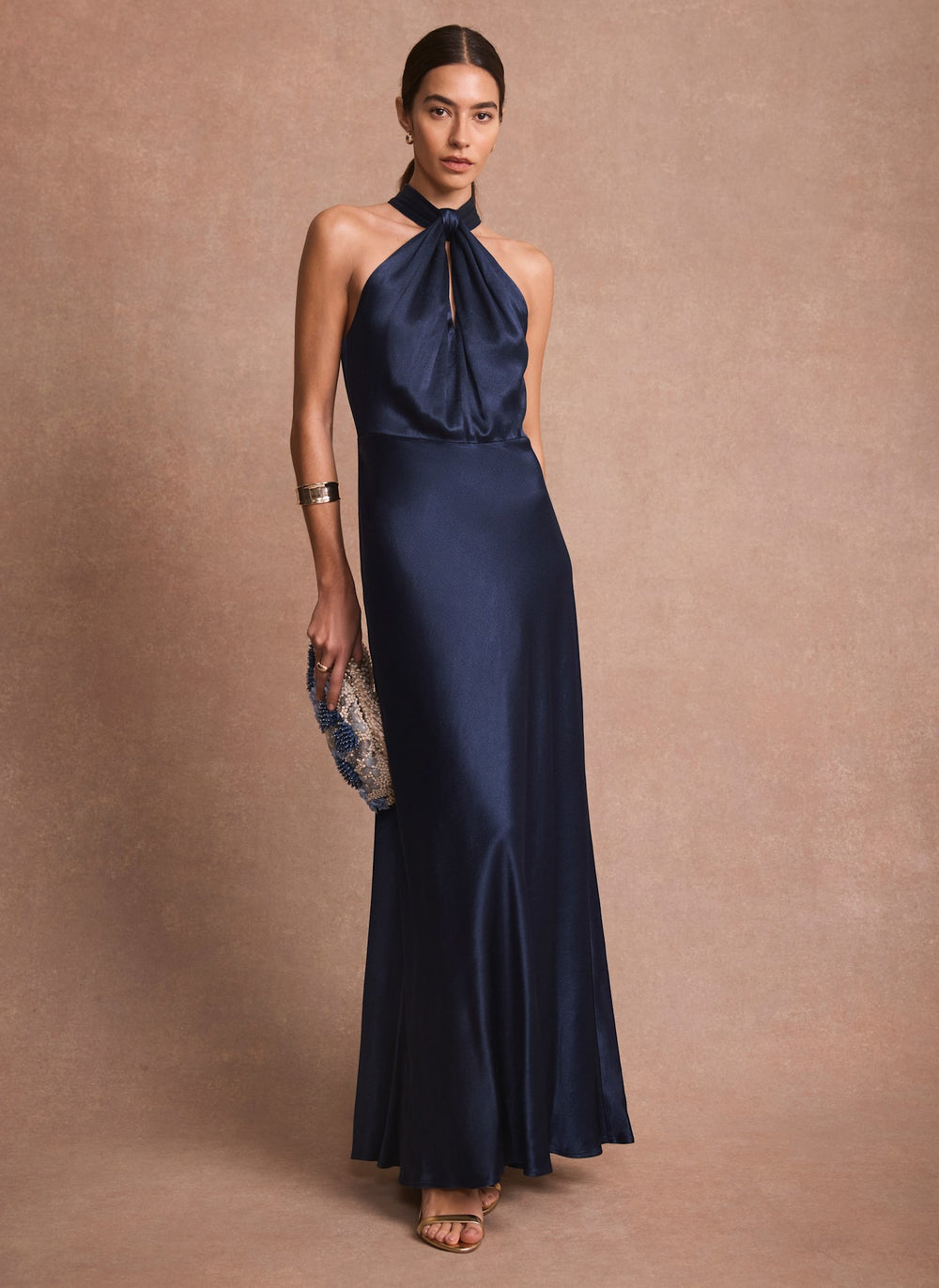 Navy Satin Halter Maxi Dress