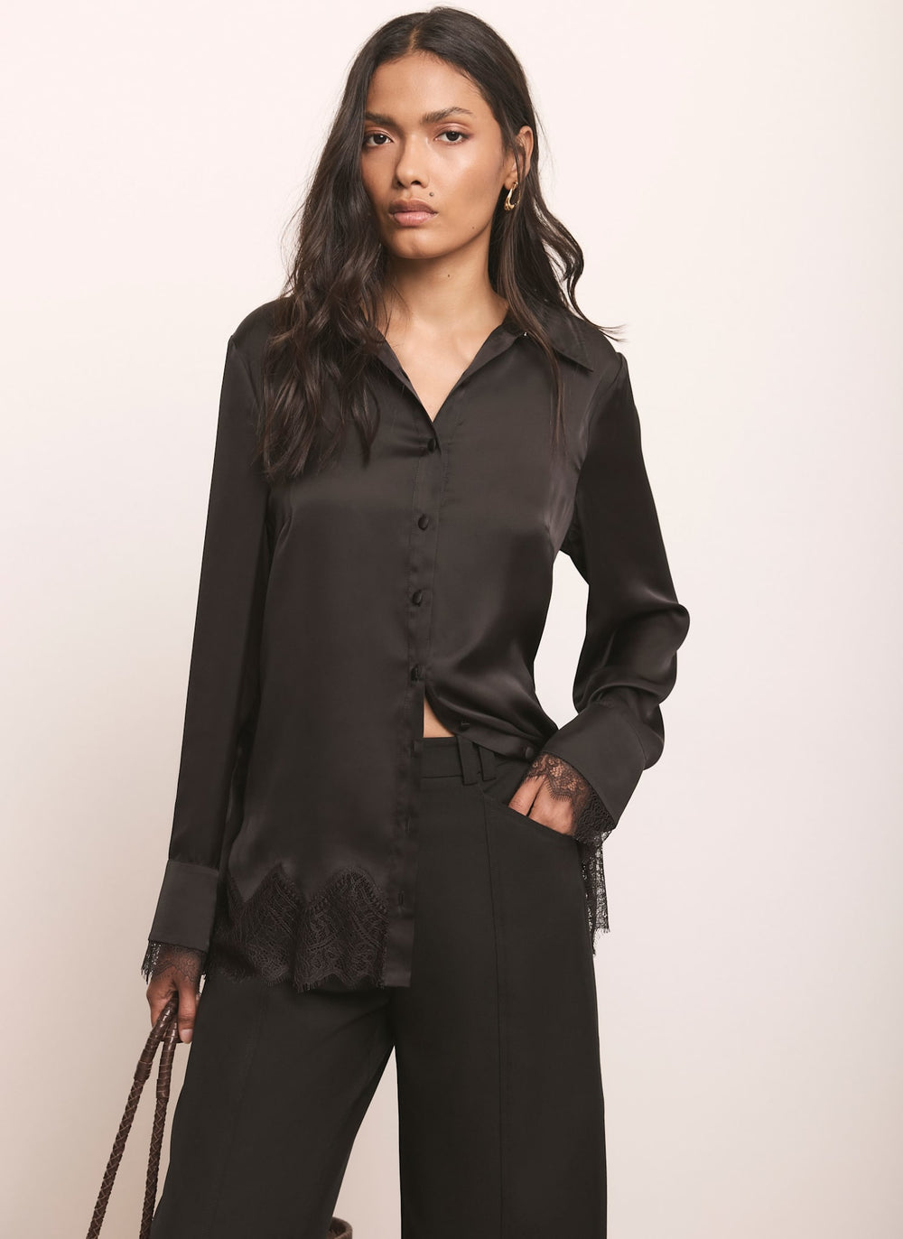 Black Satin Lace Trim Shirt
