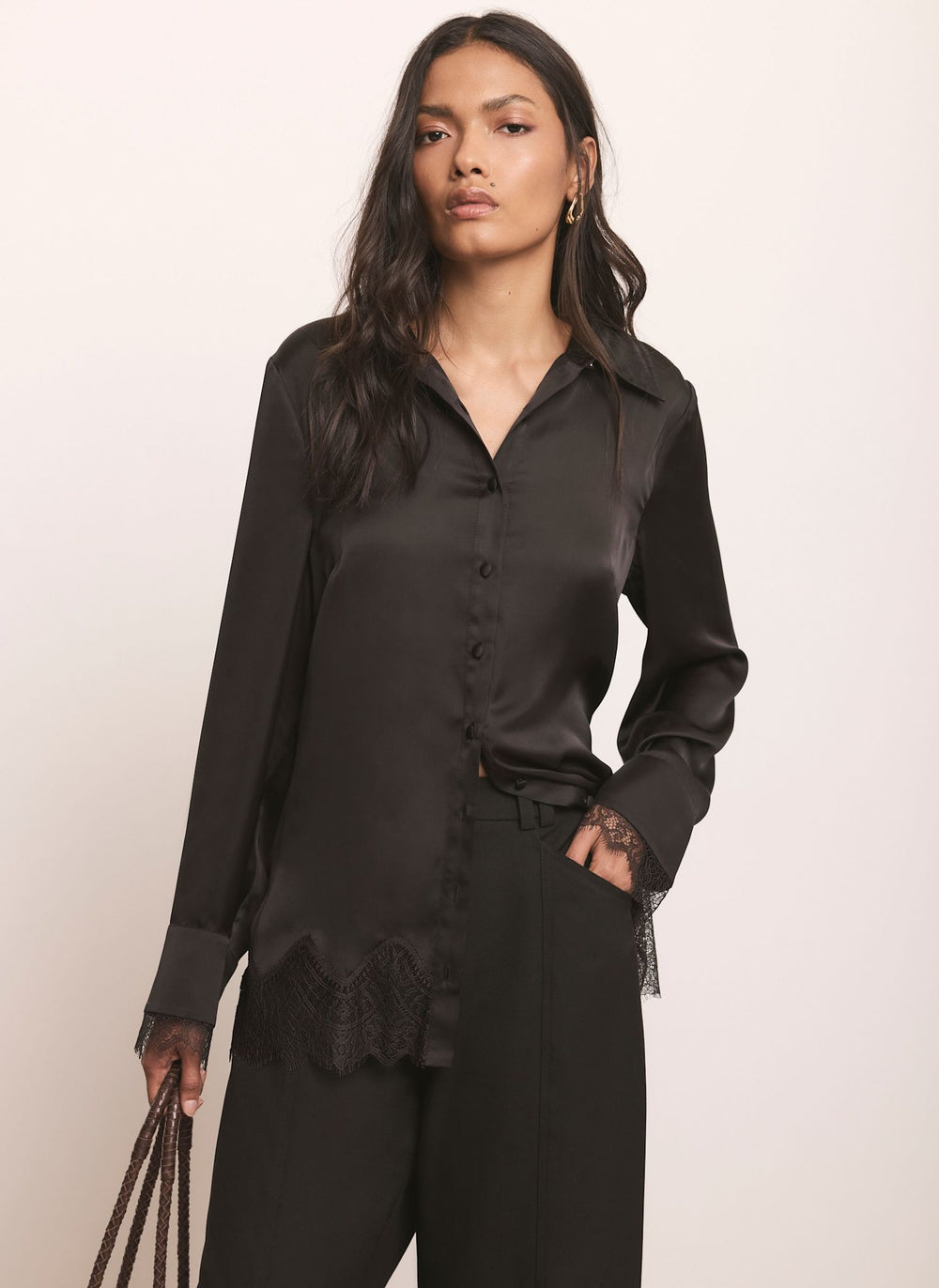 Black Satin Lace Trim Shirt