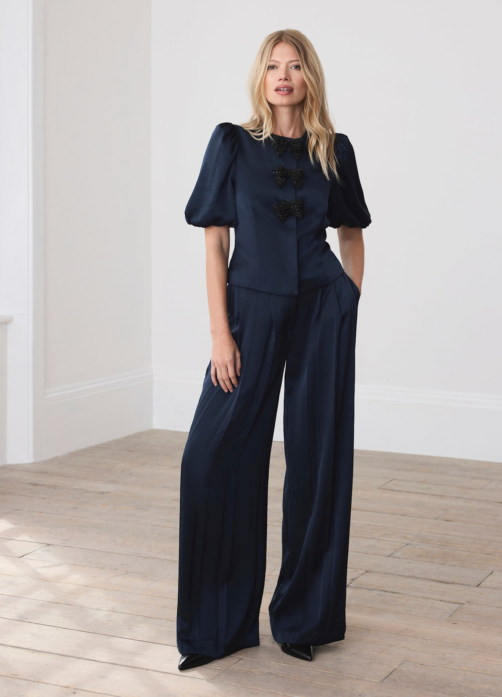 Navy Satin Pleat Detail Trousers