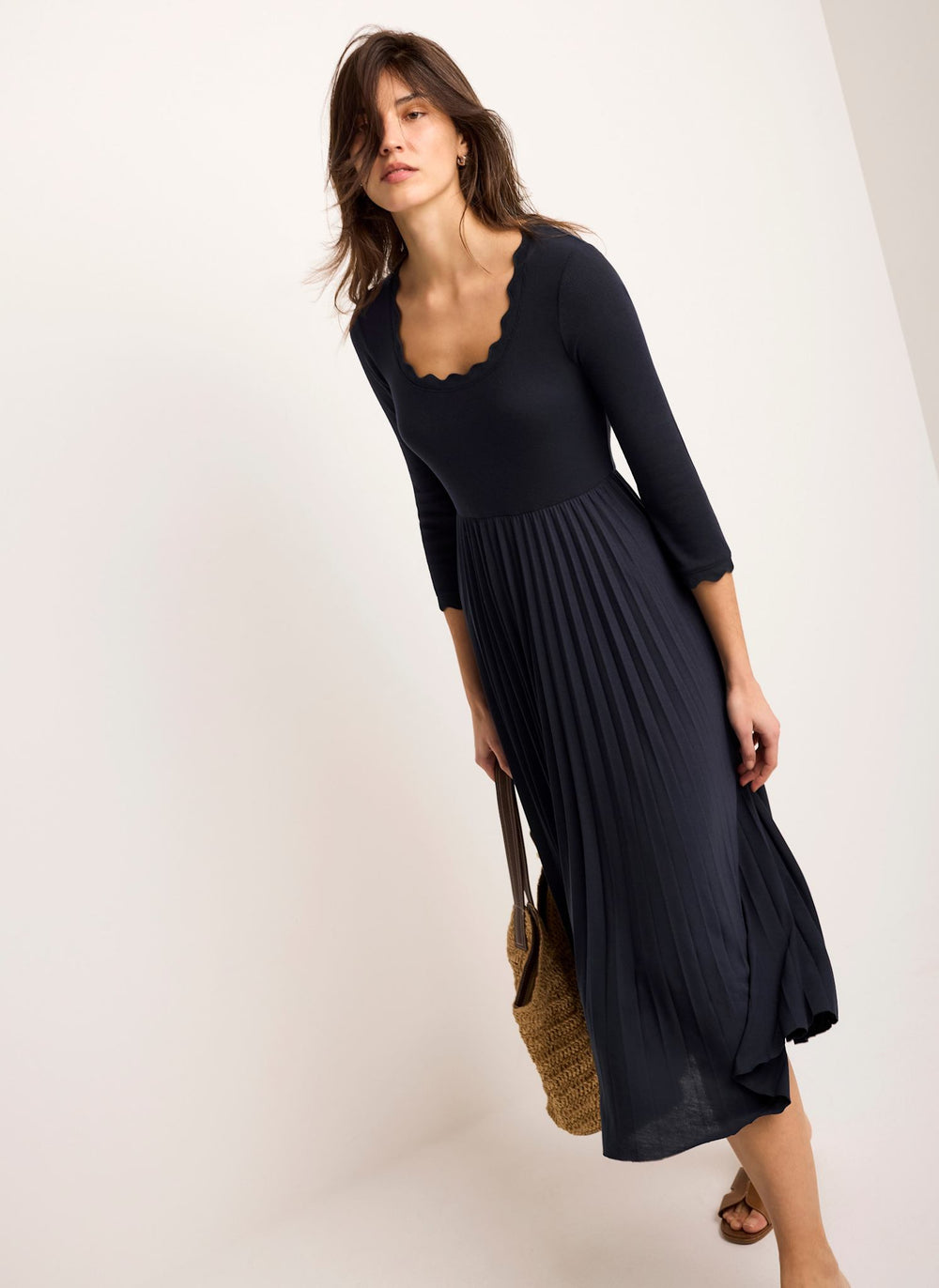 Navy Scallop Jersey Mix Midi Dress