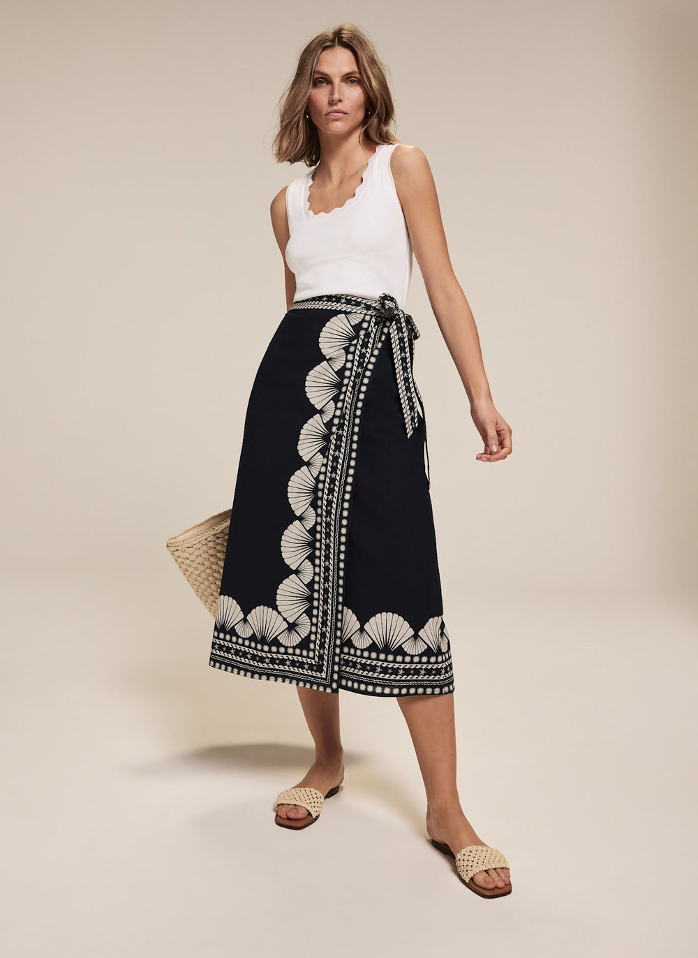 Navy Shell Print Wrap Skirt