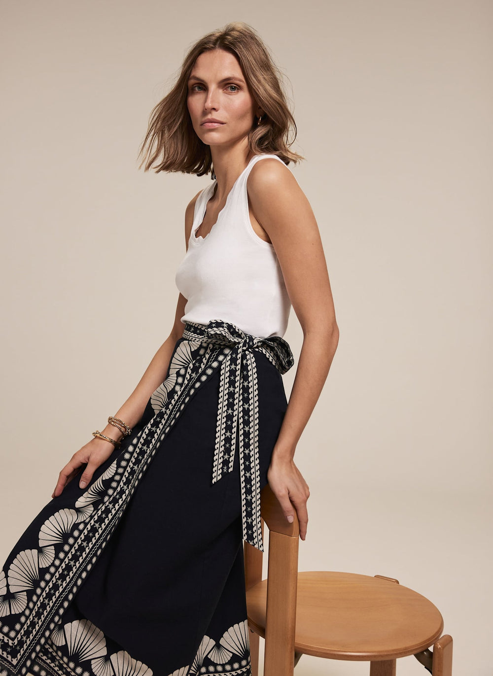 Navy Shell Print Wrap Skirt