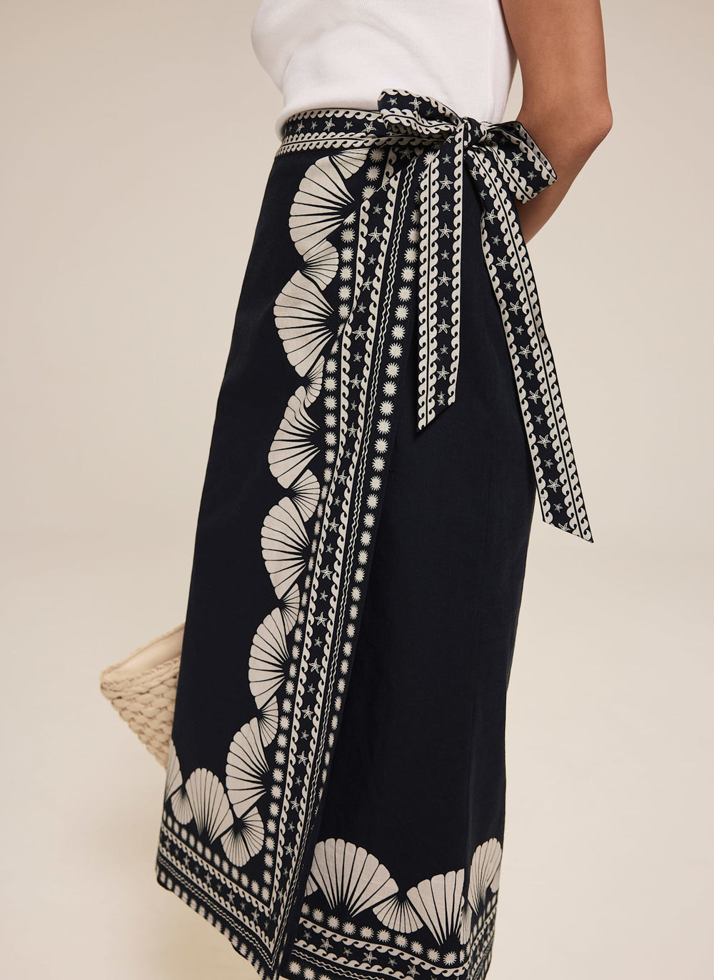 Navy Shell Print Wrap Skirt
