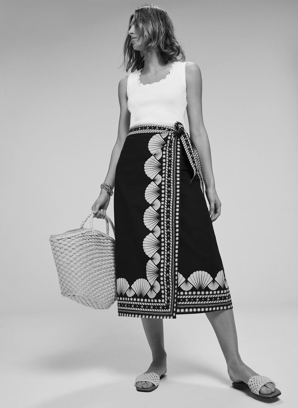 Navy Shell Print Wrap Skirt