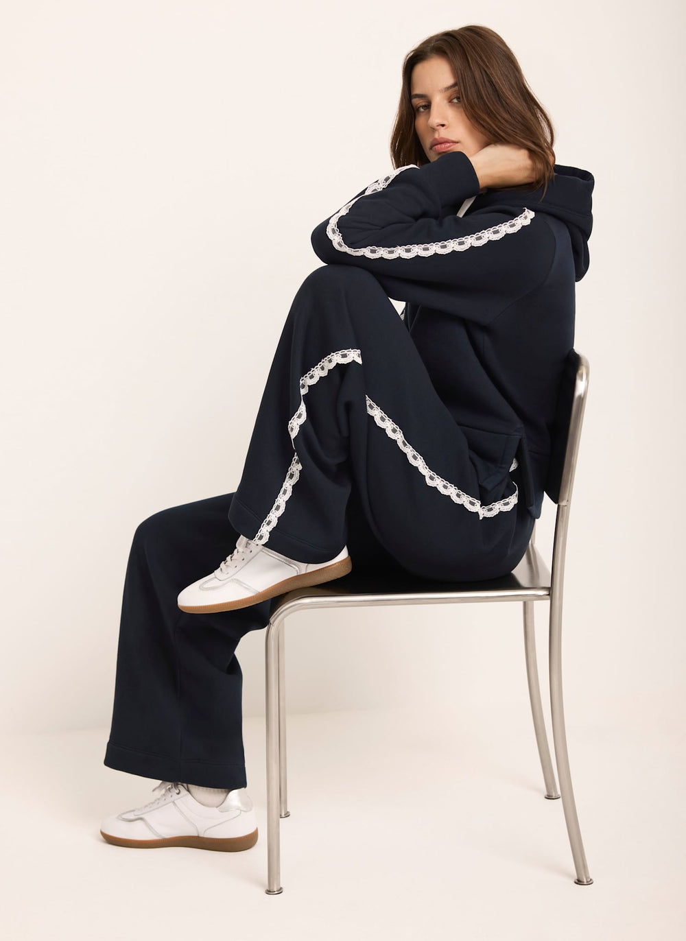 Navy Crochet Trim Hoodie