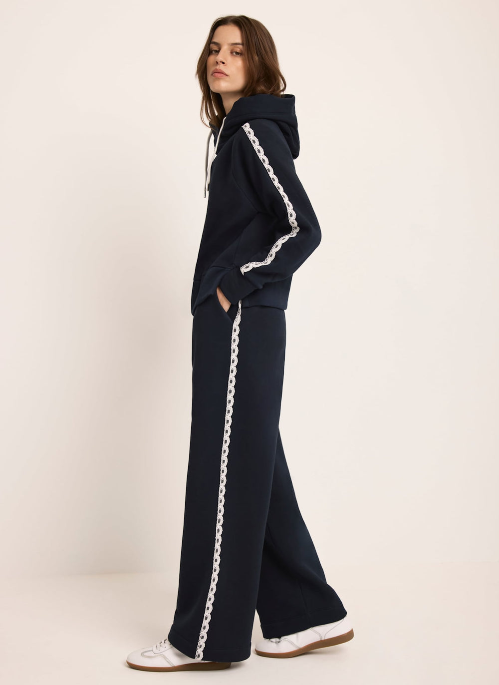 Navy Jersey Crochet Trim Wide Joggers