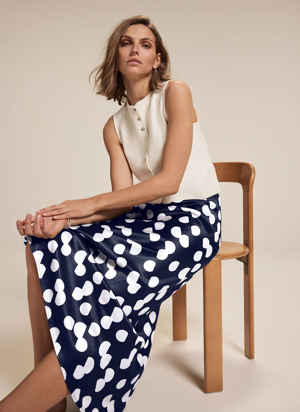 Navy Spot Print Satin Skirt
