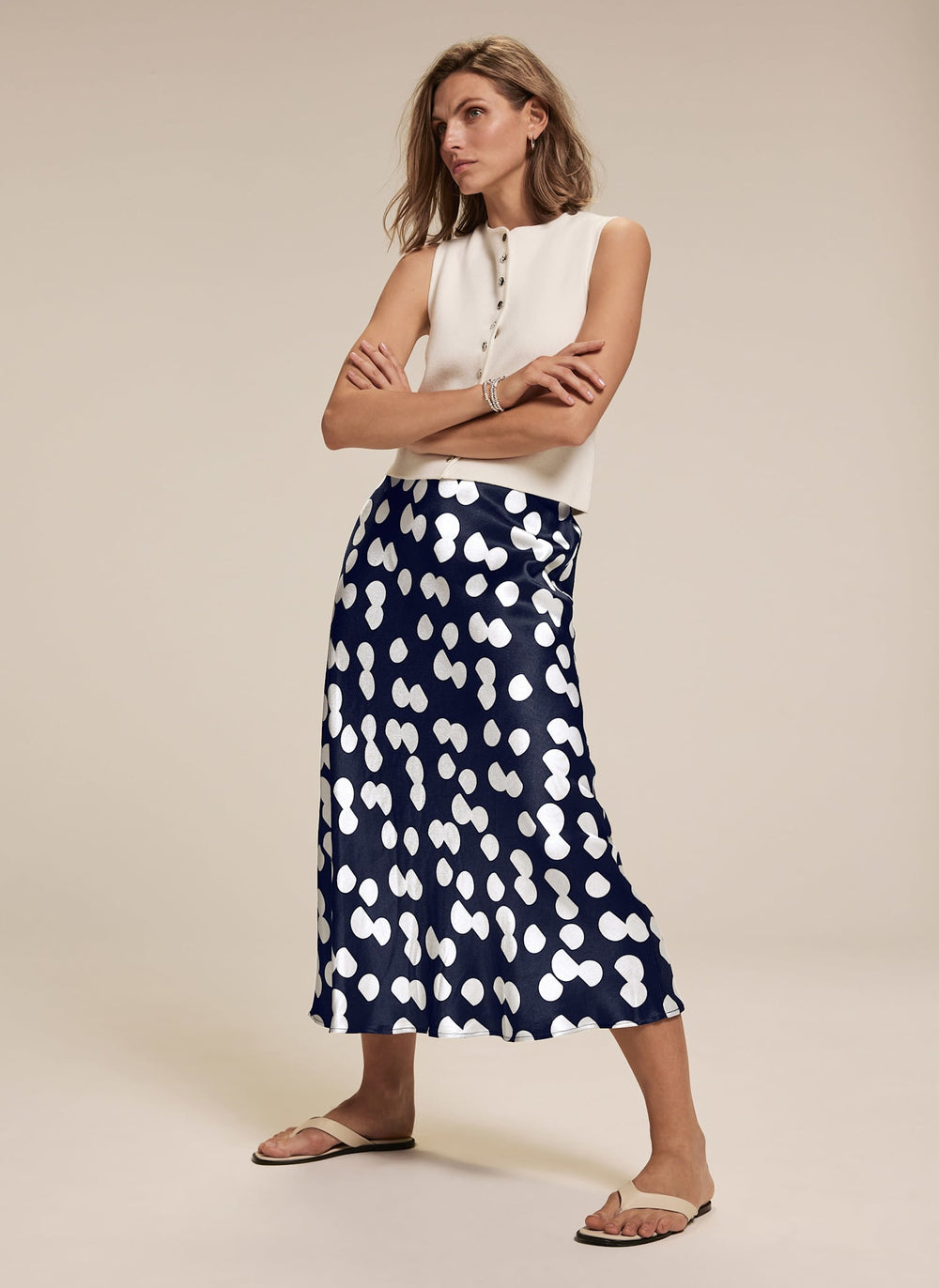 Navy Spot Print Satin Skirt