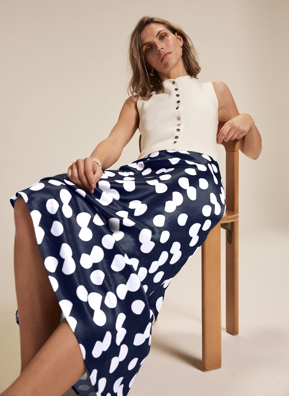 Navy Spot Print Satin Skirt