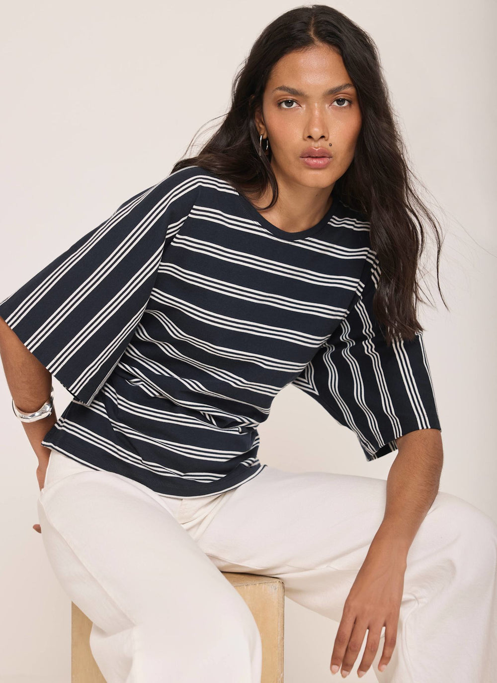 Navy Striped Cotton Ruched Waist T-Shirt