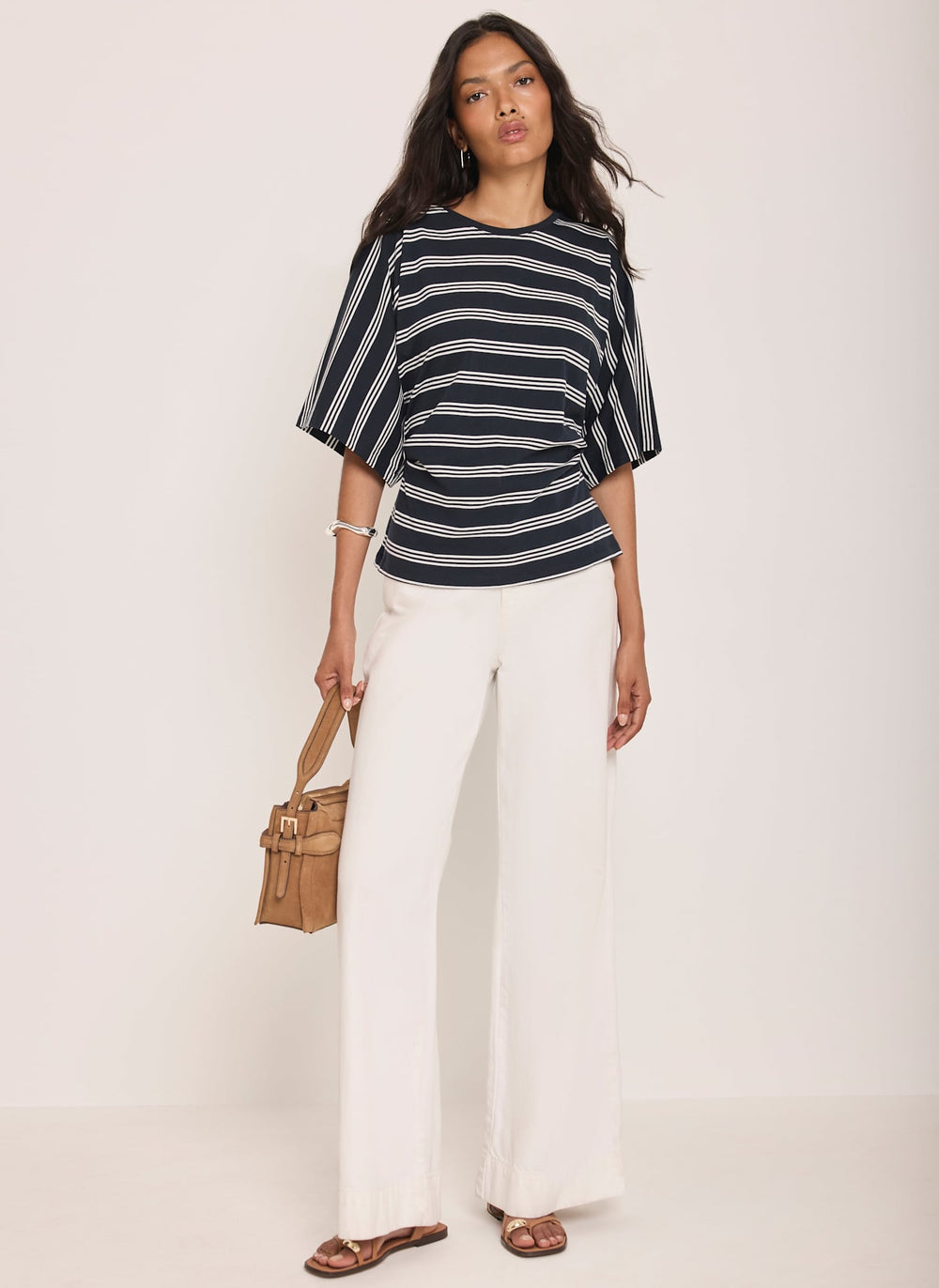Navy Striped Cotton Ruched Waist T-Shirt