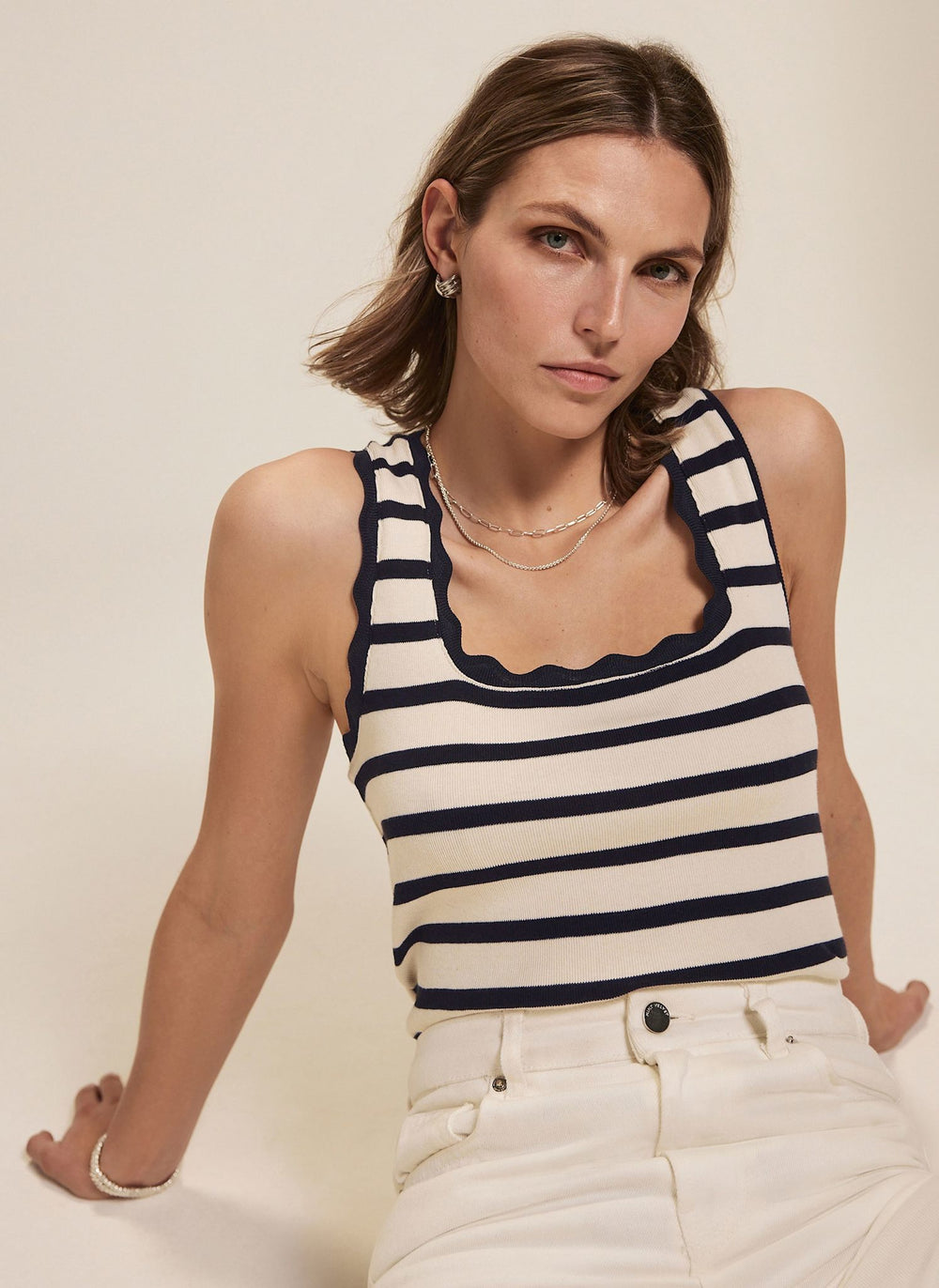 Navy Striped Scallop Trim Vest Top