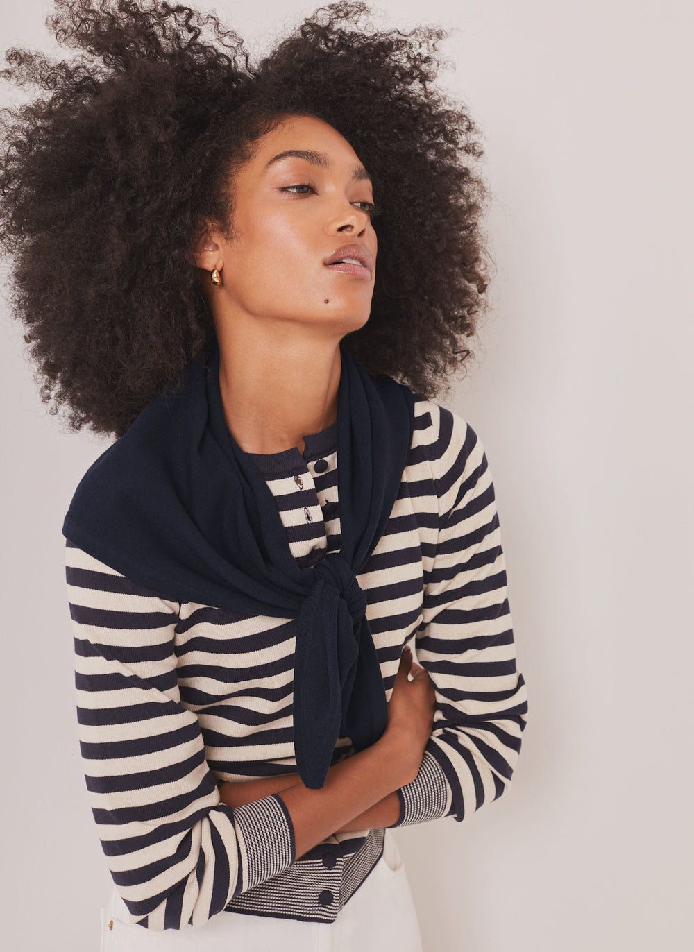 Navy Striped Scarf Detail Cardigan