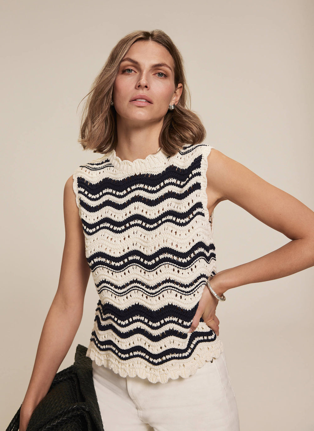 White Striped Knit Cotton Top