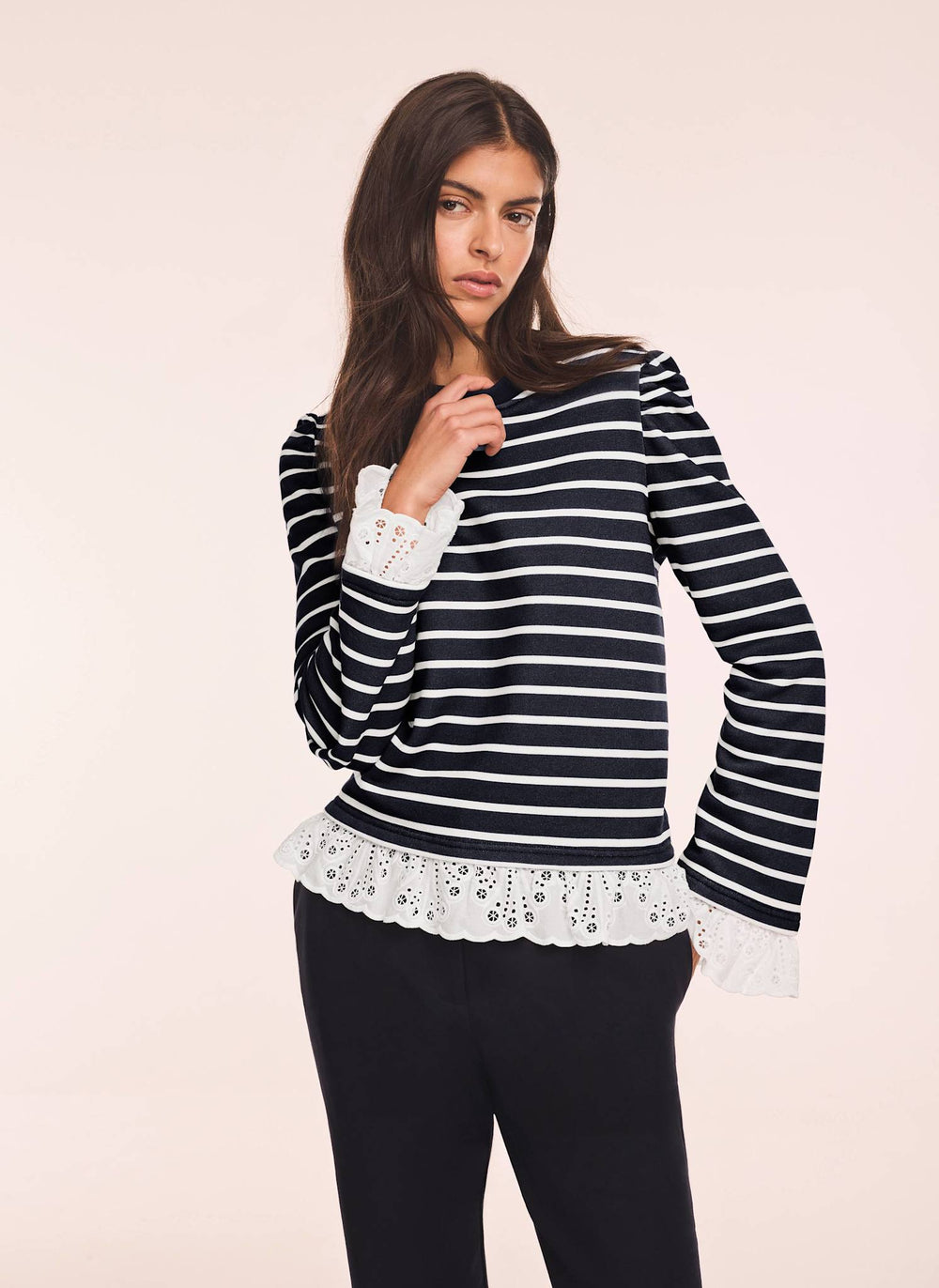 Navy Stripe Broderie Trim Sweatshirt