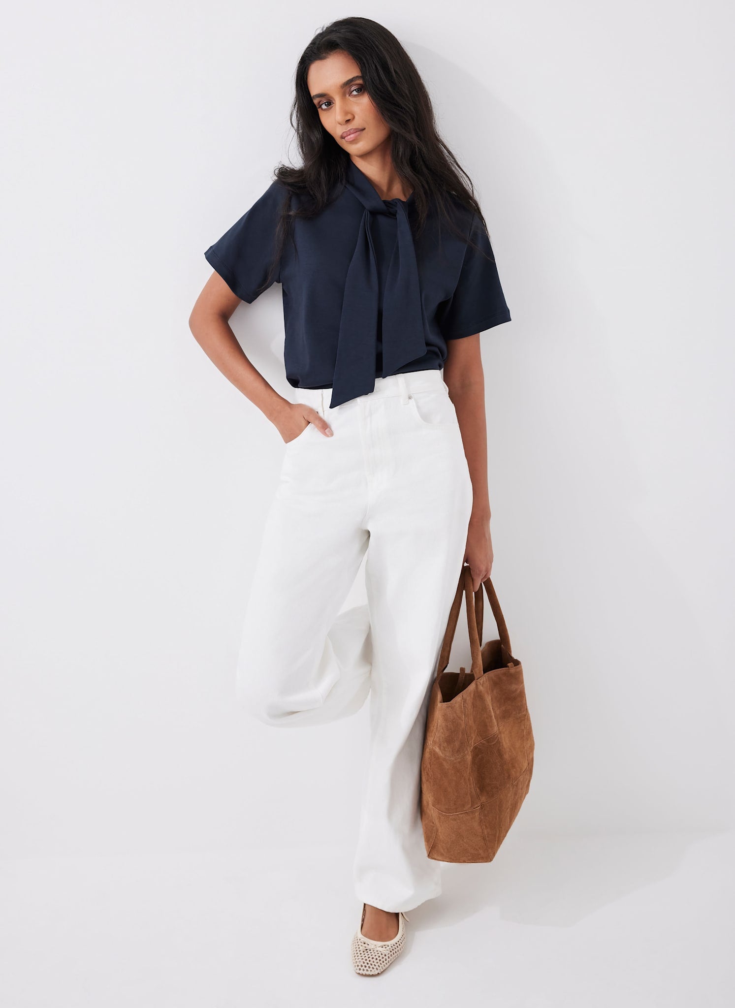 Navy Cotton Tie Neck Top – Mint Velvet