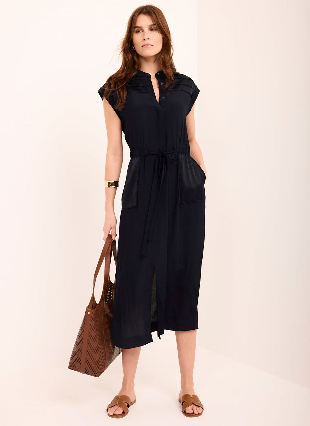 Navy Satin Utility Midi Dress