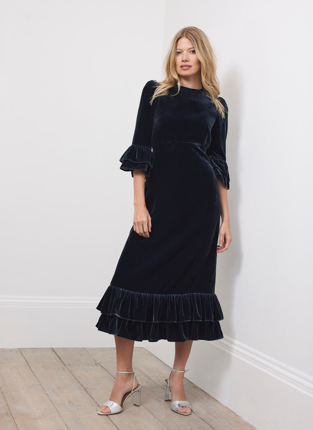 Navy Velvet Ruffle Midi Dress