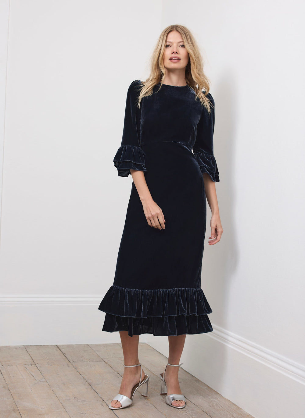 Navy Velvet Ruffle Midi Dress
