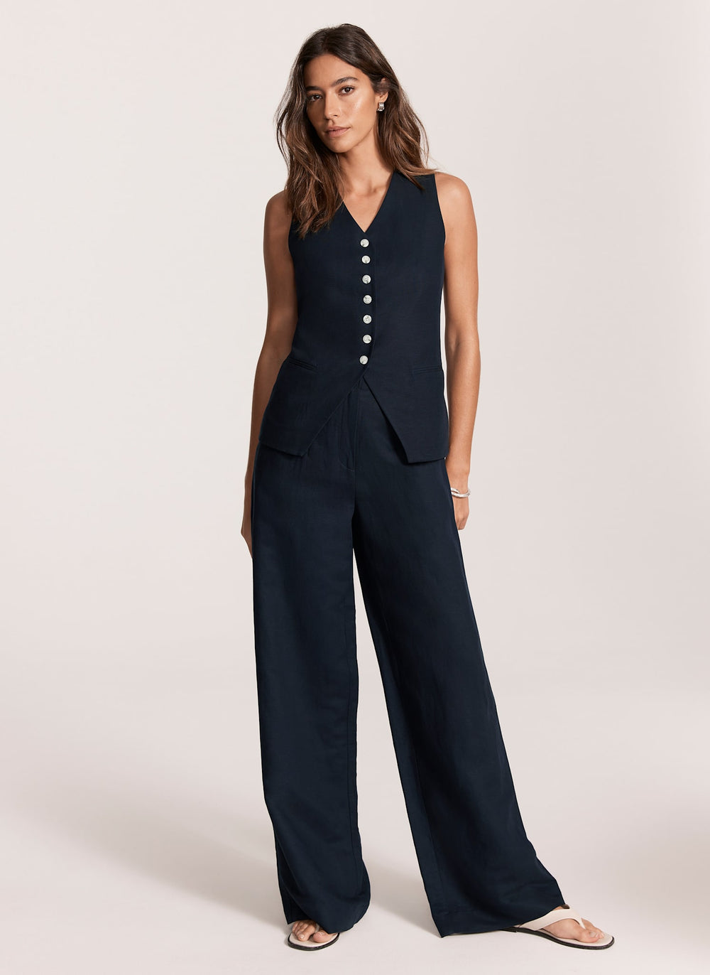 Navy Wide Leg Linen Blend Trousers