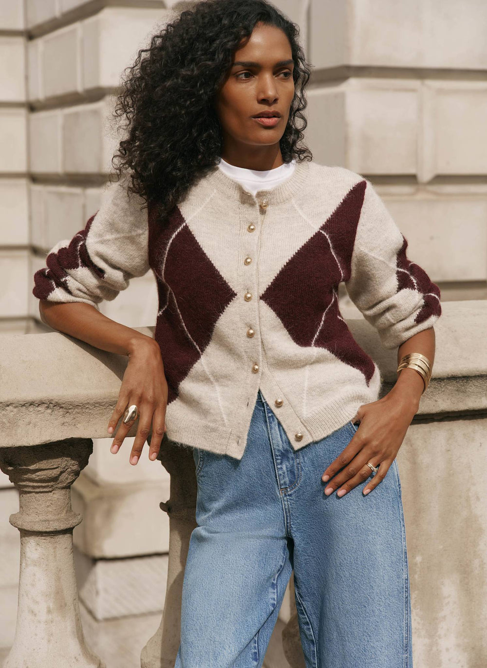Neutral Wool Blend Argyle Cardigan