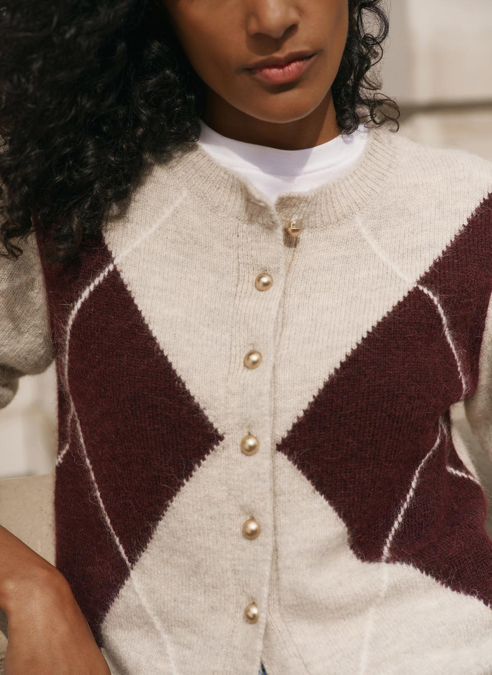 Neutral Wool Blend Argyle Cardigan