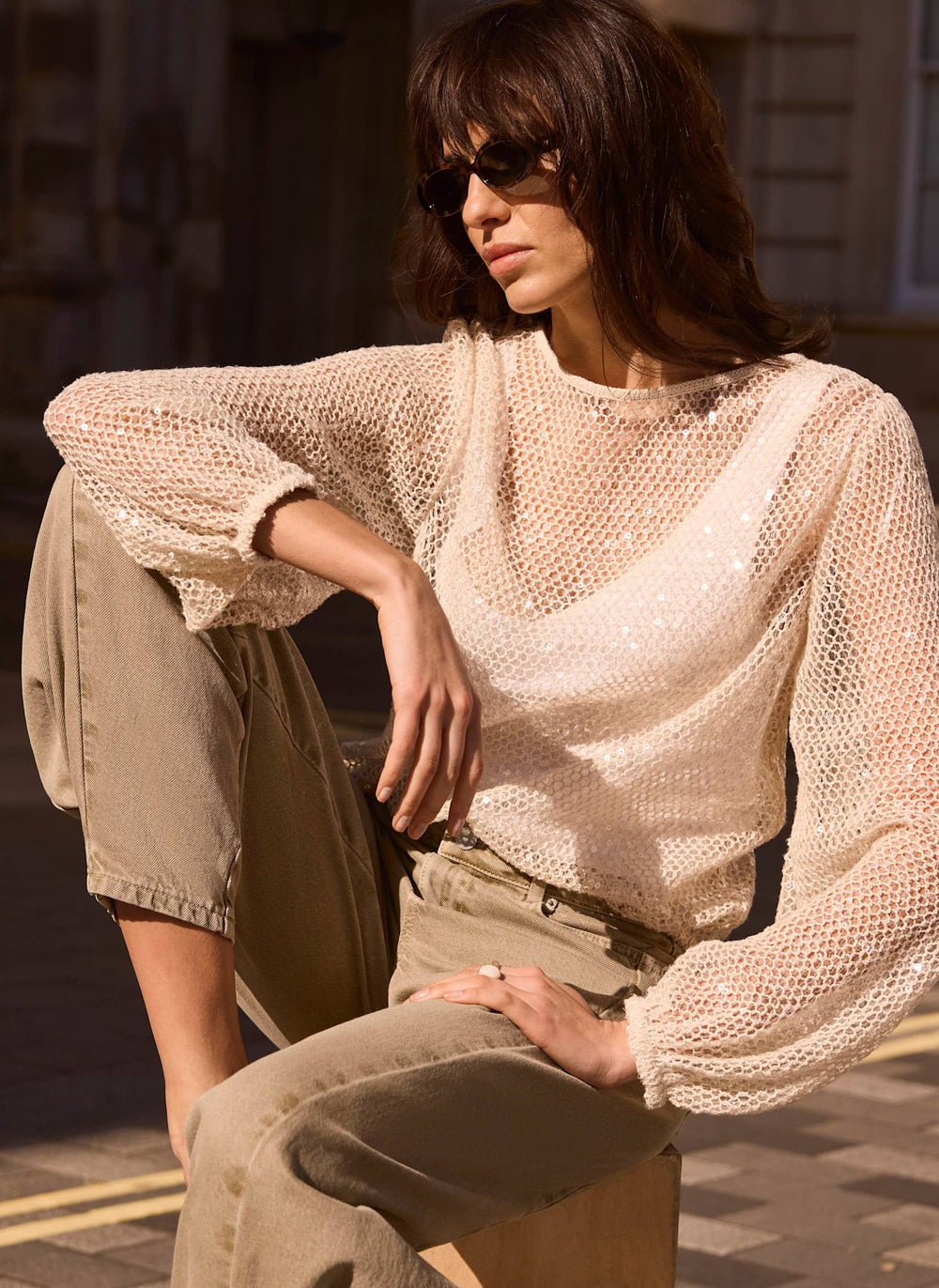 Neutral Sequin Layered Balloon Top
