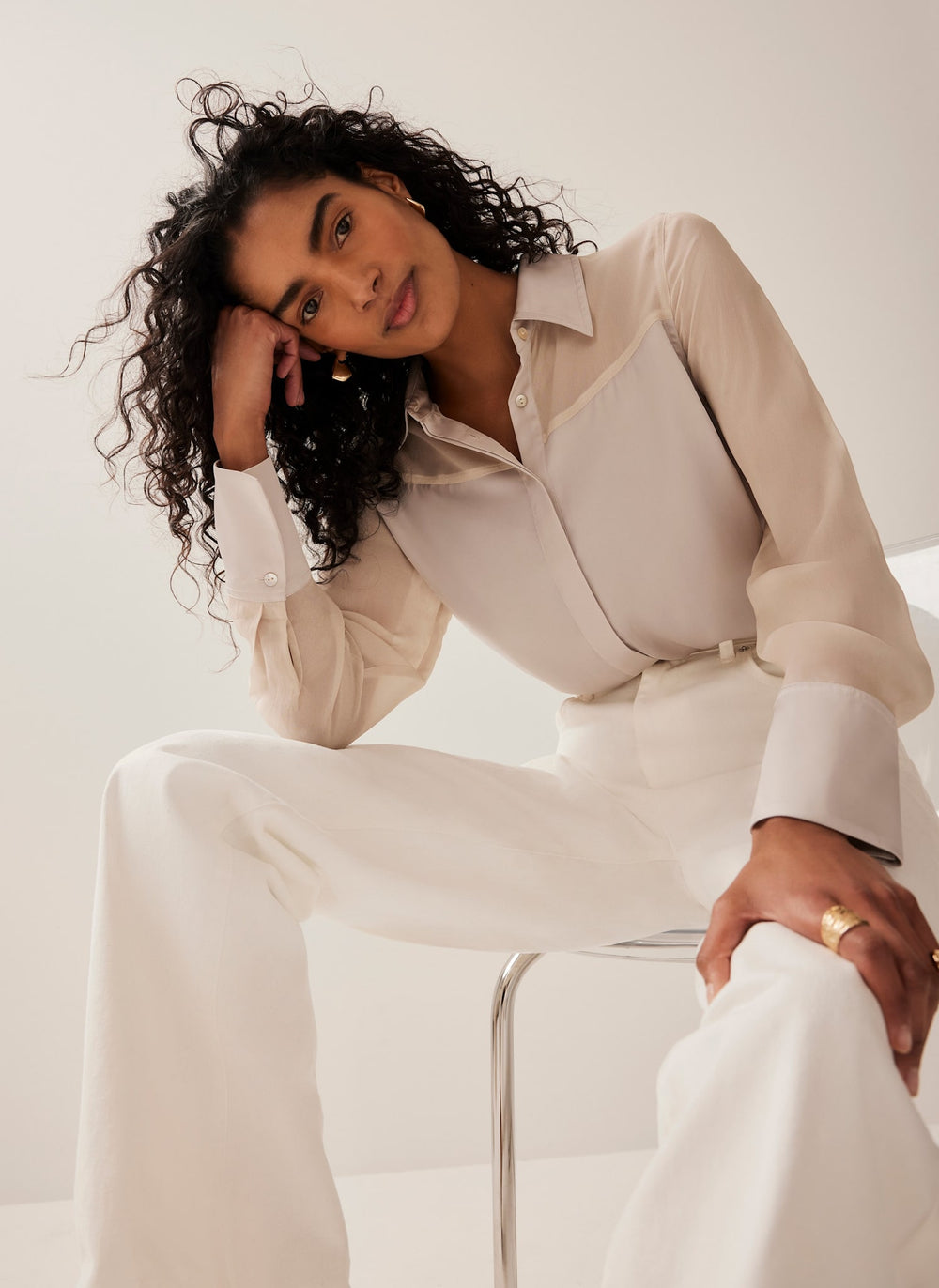 Neutral Satin Long Sleeve Shirt