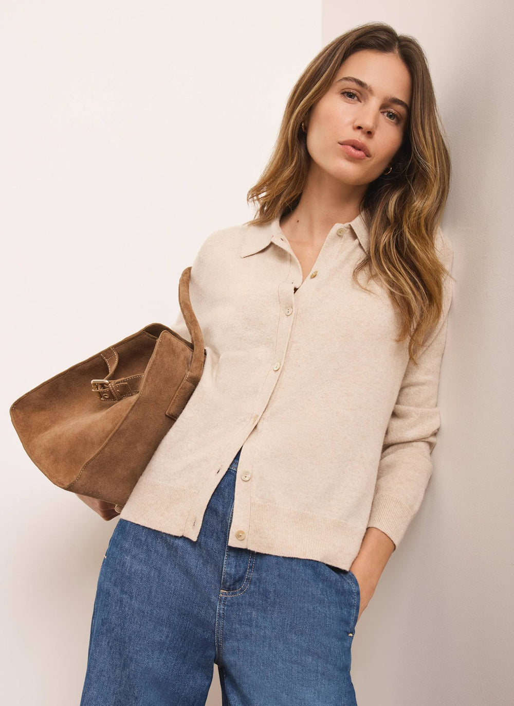 Neutral Cotton Blend Button Collar Cardigan