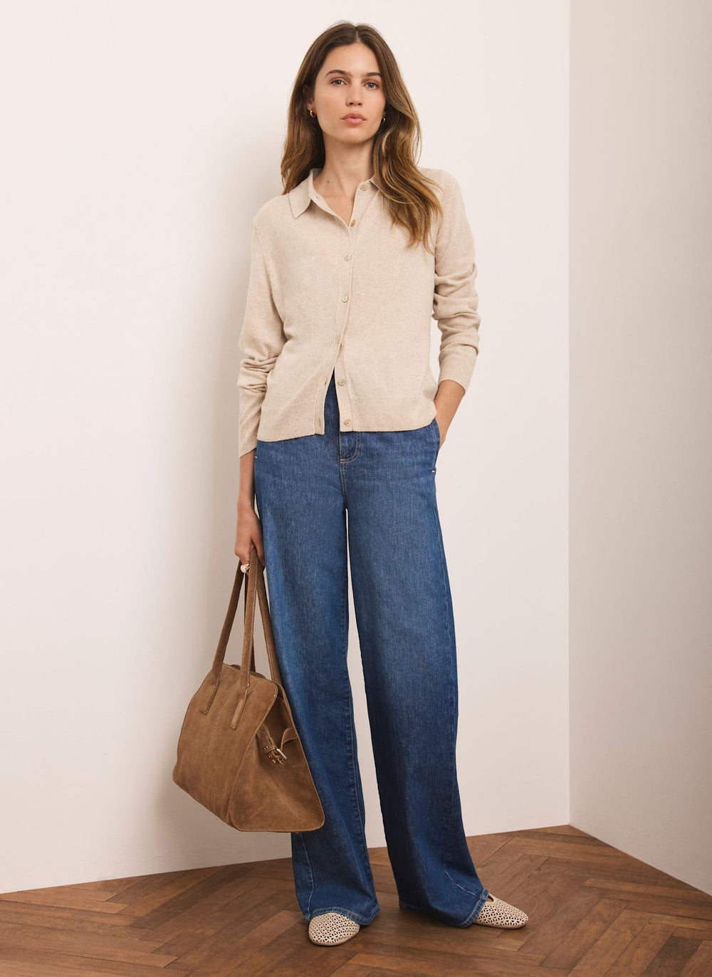 Neutral Cotton Blend Button Collar Cardigan