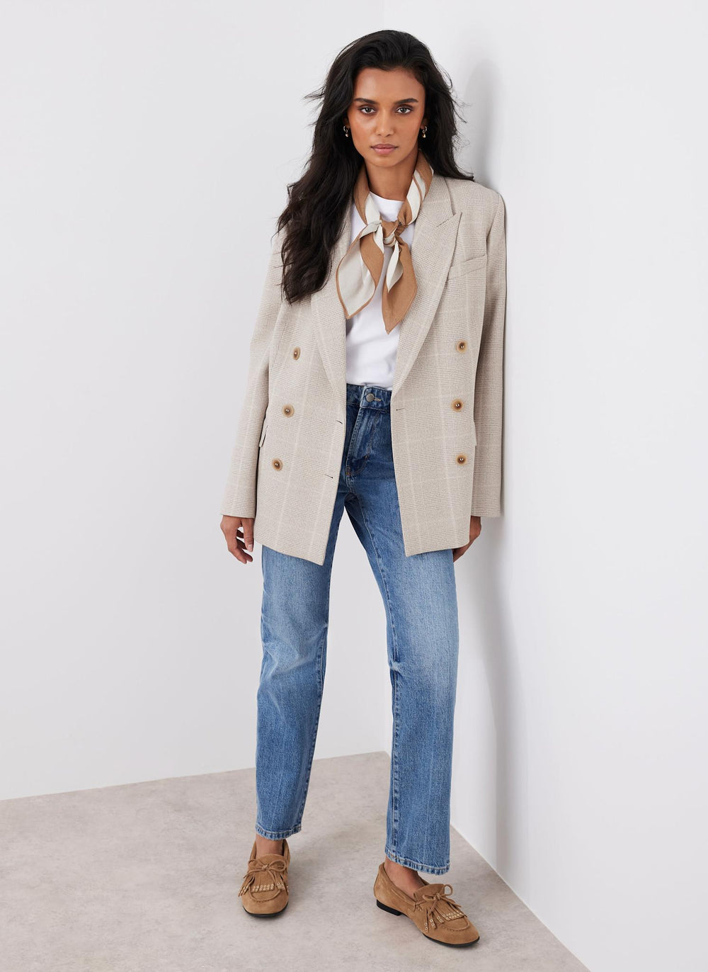 Neutral Checked Double Breasted Blazer