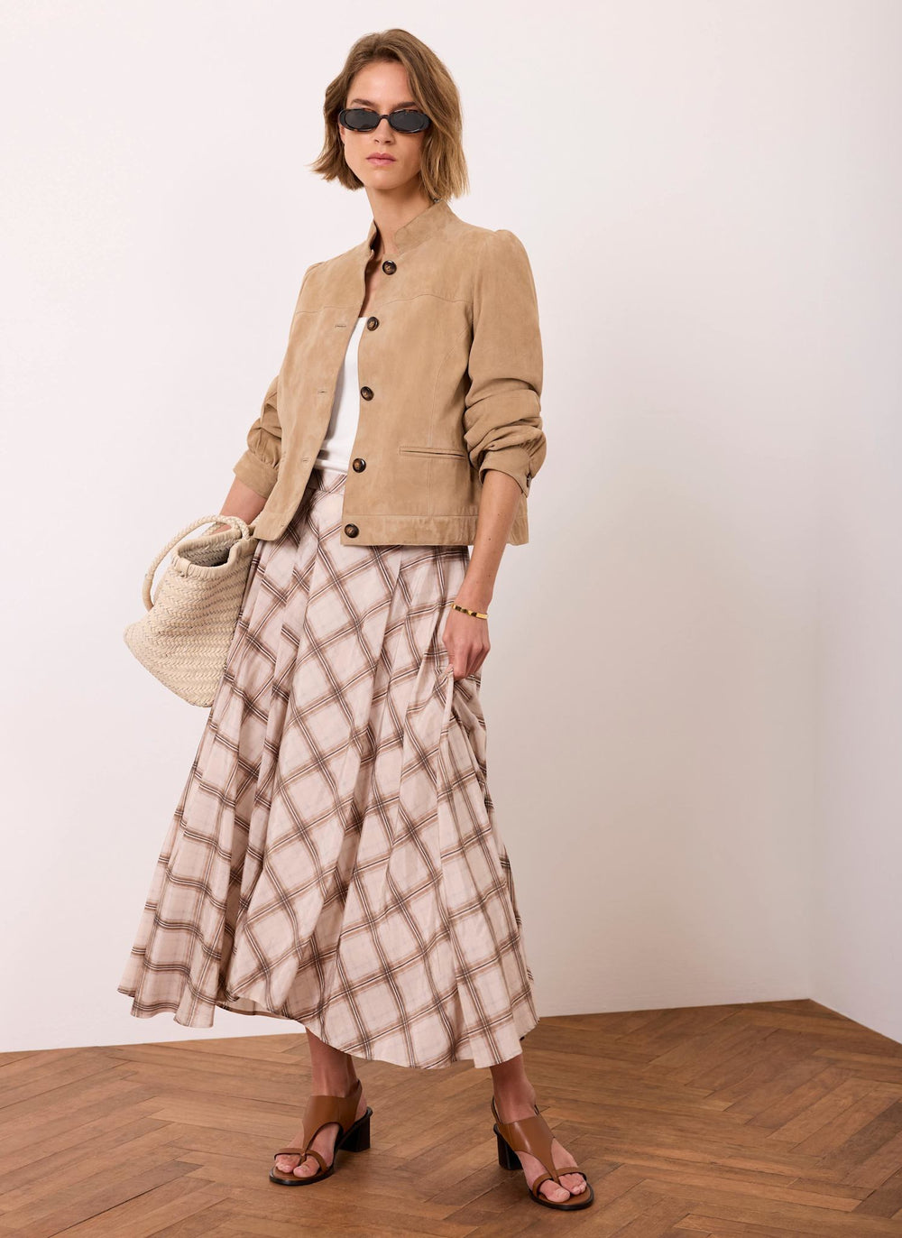 Neutral Checked Print Midi Skirt
