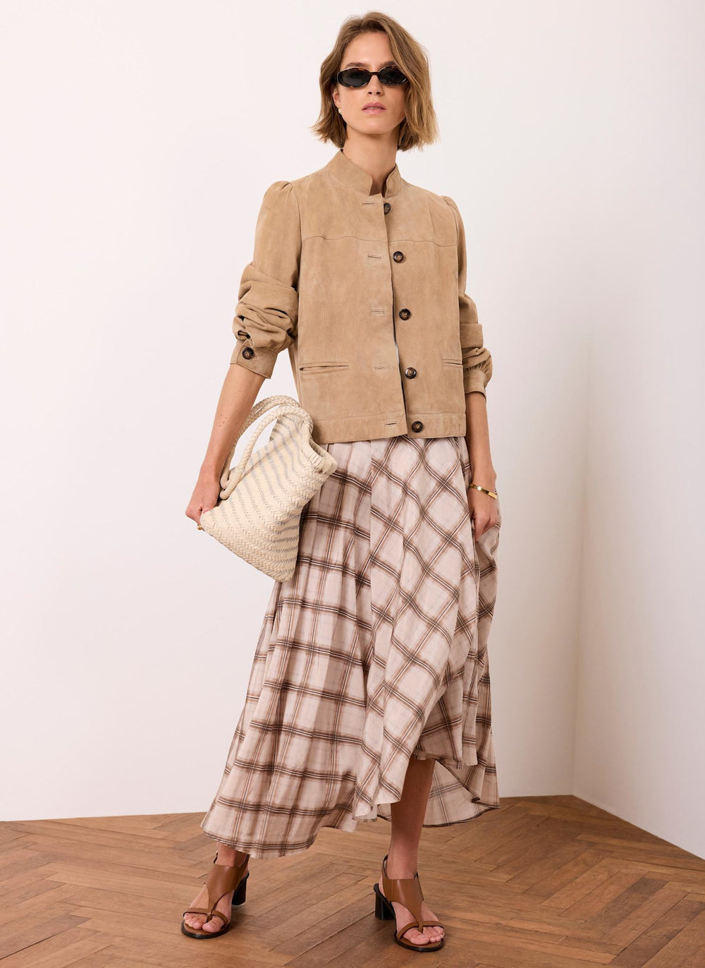 Neutral Checked Print Midi Skirt