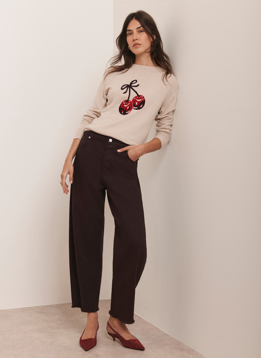 Neutral Cotton Blend Cherry Knit Jumper