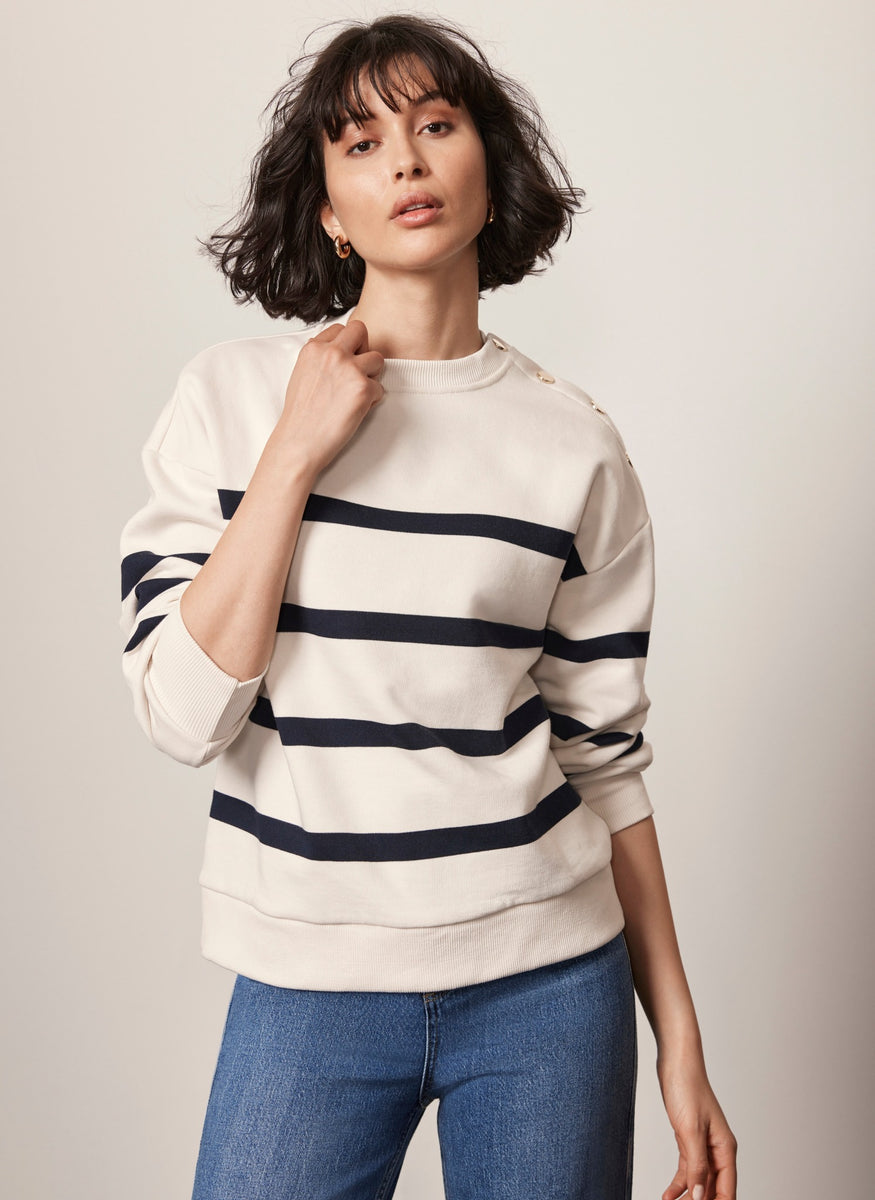 Neutral Cotton Blend Striped Sweatshirt