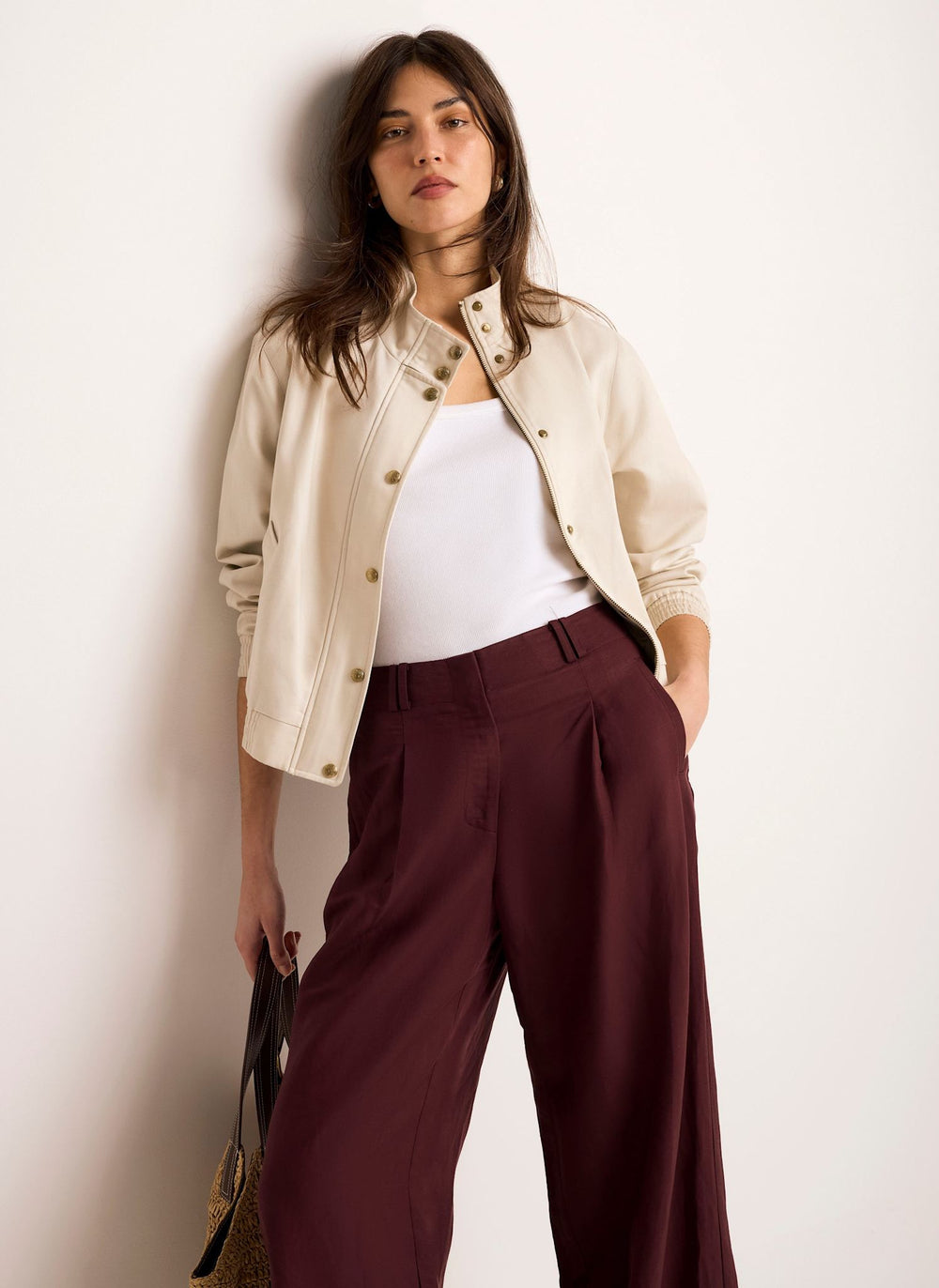 Neutral Funnel Neck Bomber Jacket