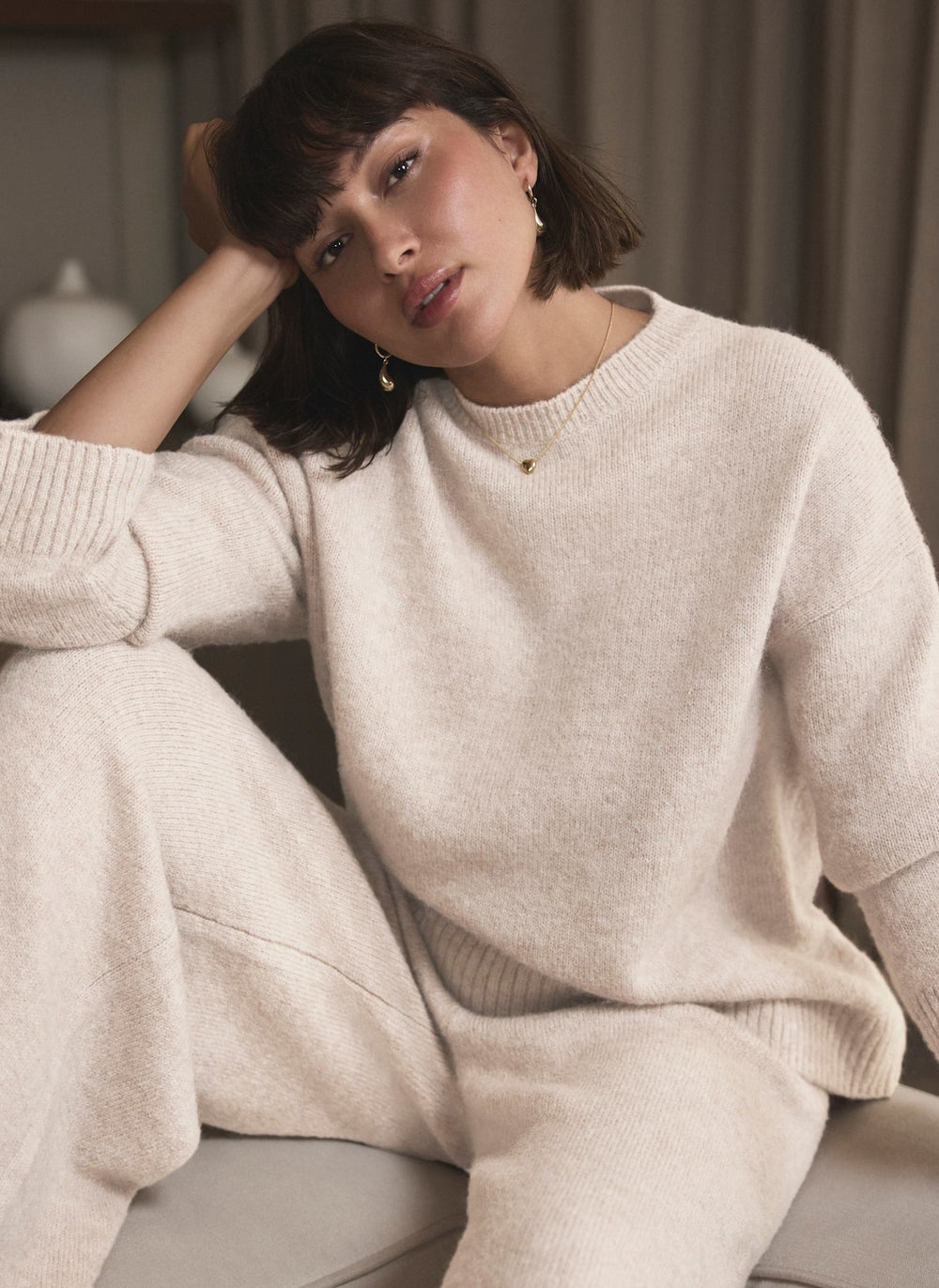 Neutral Wool Blend Longline Knit Jumper