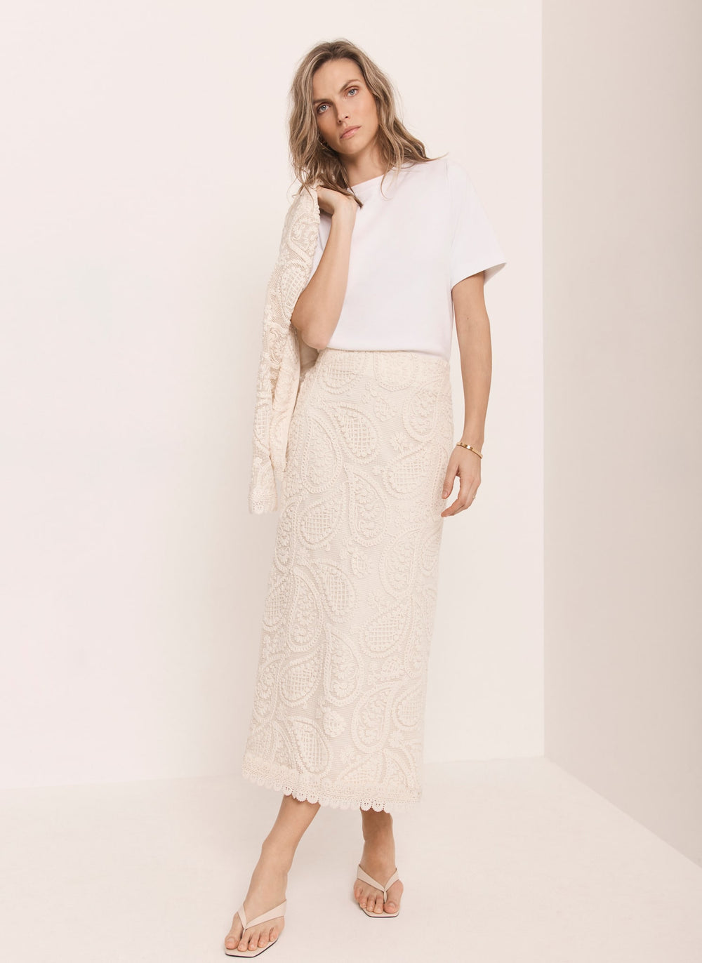 Neutral Crochet Paisley Midi Skirt