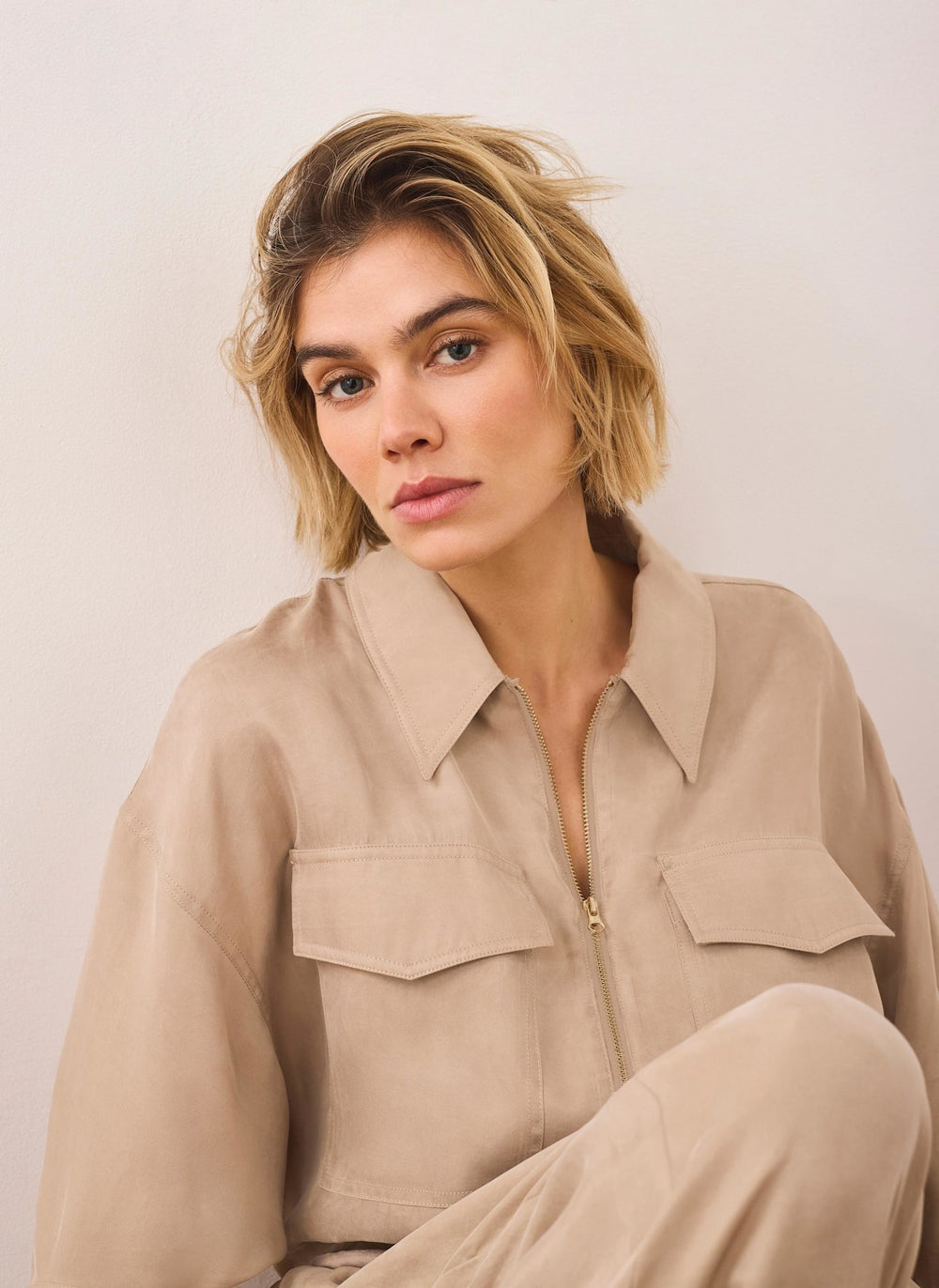 Neutral Zip Detail Blouse