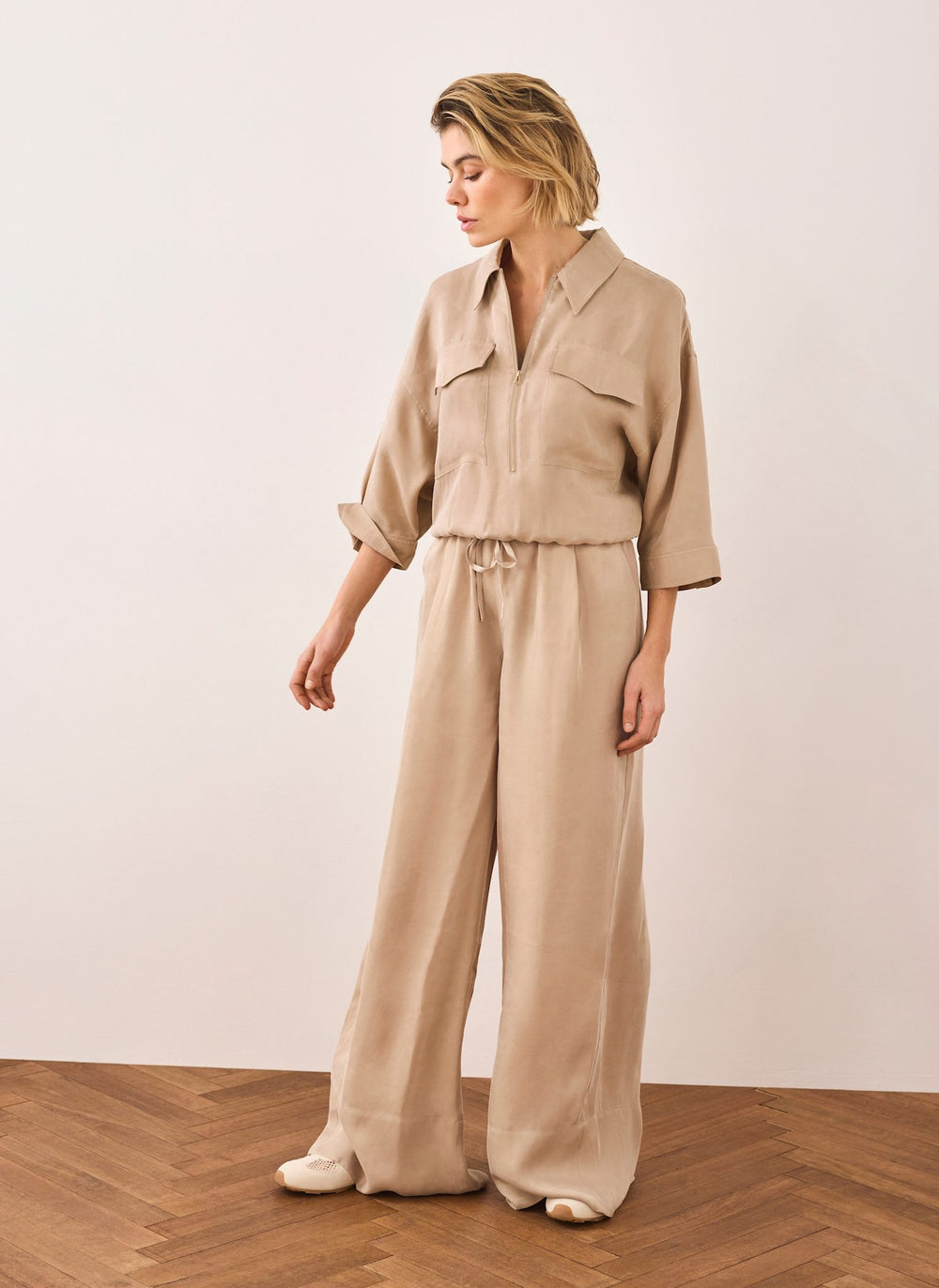 Neutral Drawstring Wide Leg Trousers
