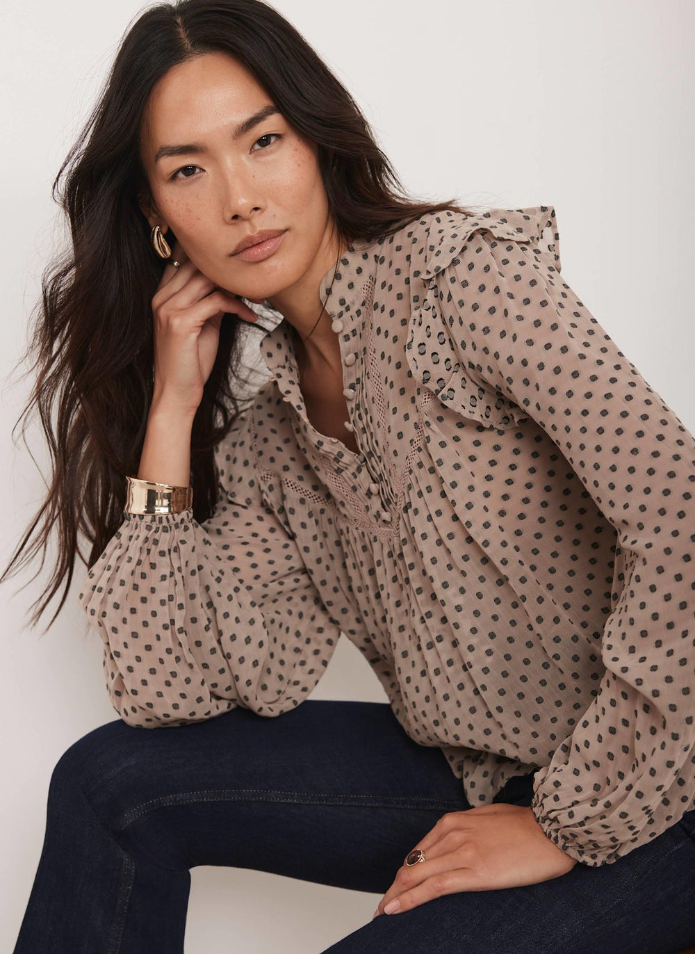 Neutral Jacquard Polka Dot Blouse