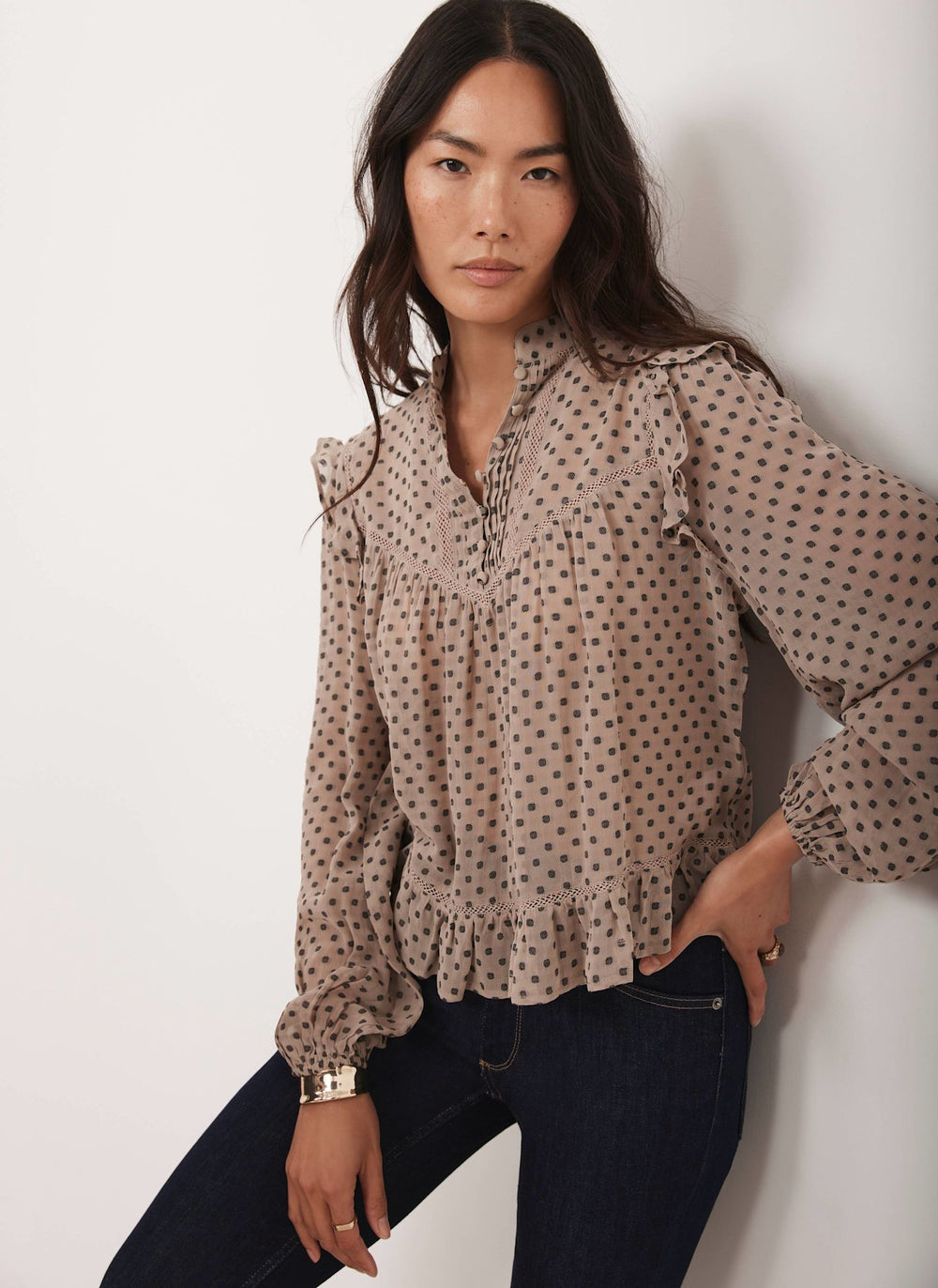 Neutral Jacquard Polka Dot Blouse