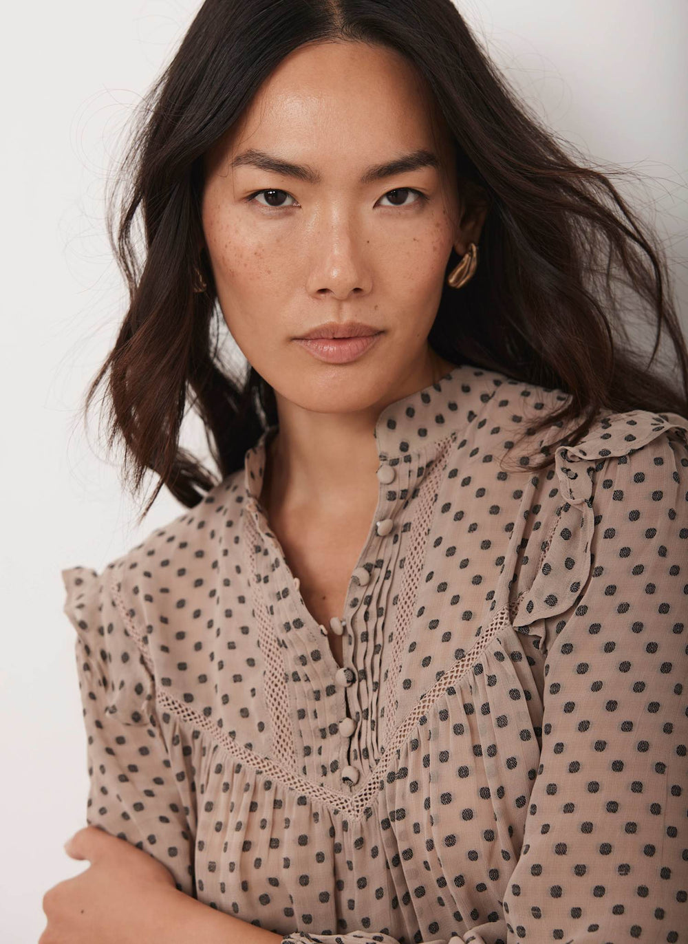 Neutral Jacquard Polka Dot Blouse