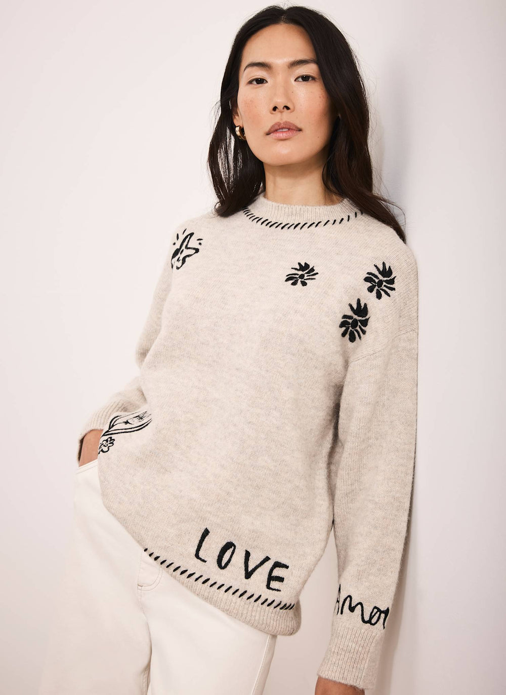 Neutral Embroidered Wool Blend Jumper