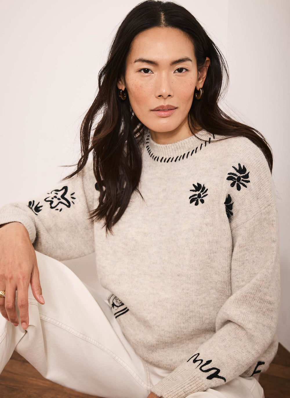 Neutral Embroidered Wool Blend Jumper