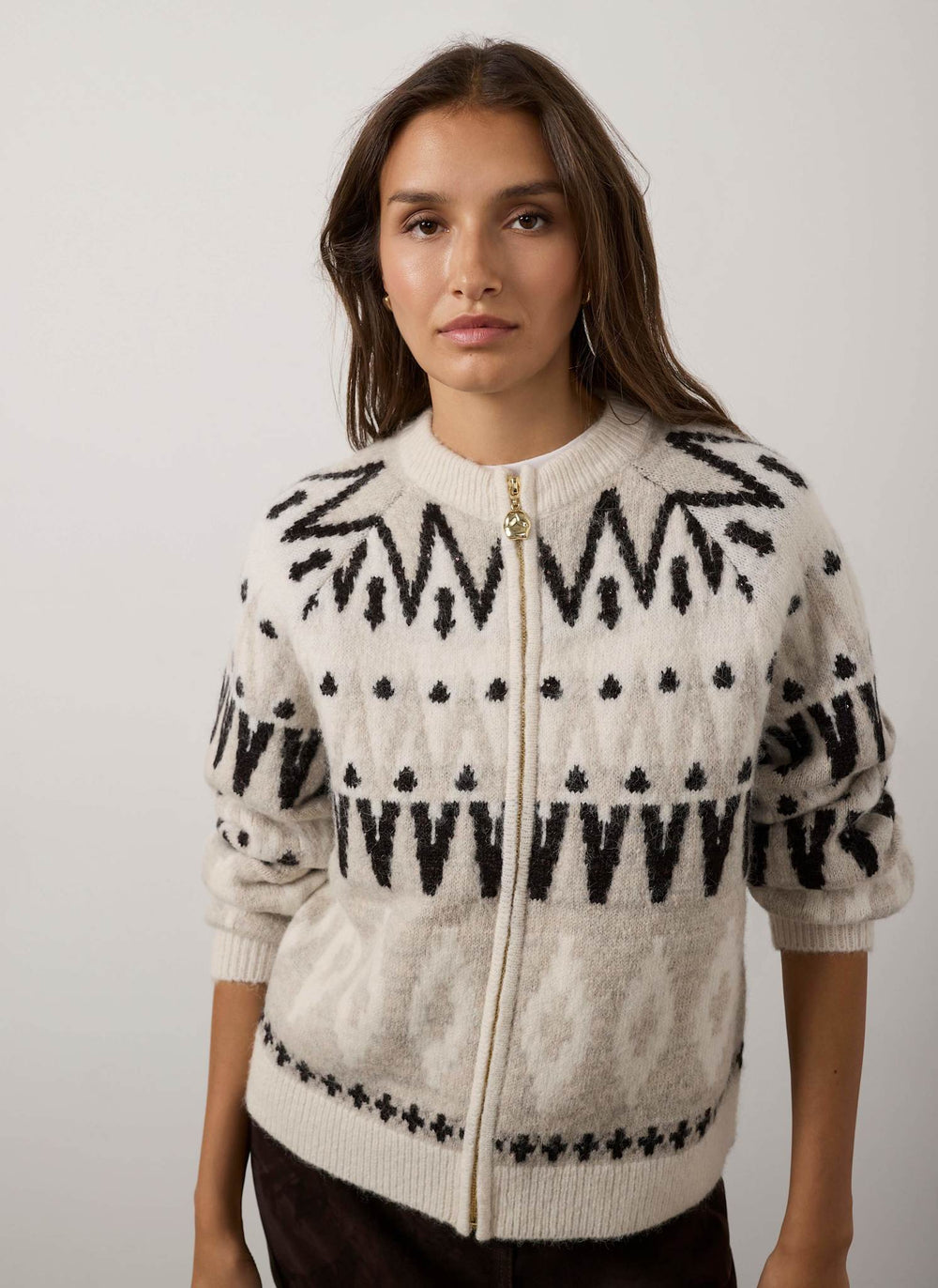 Neutral Fair Isle Wool Blend Zip Bomber